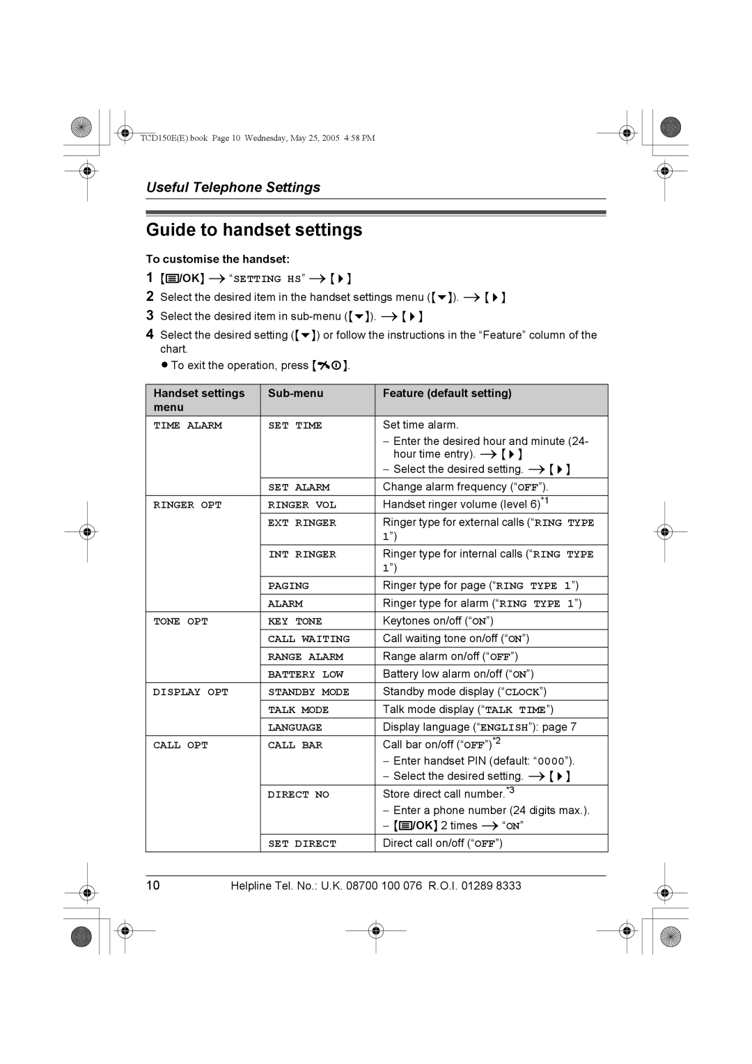 Panasonic KX-TCD150E operating instructions Guide to handset settings, To customise the handset 