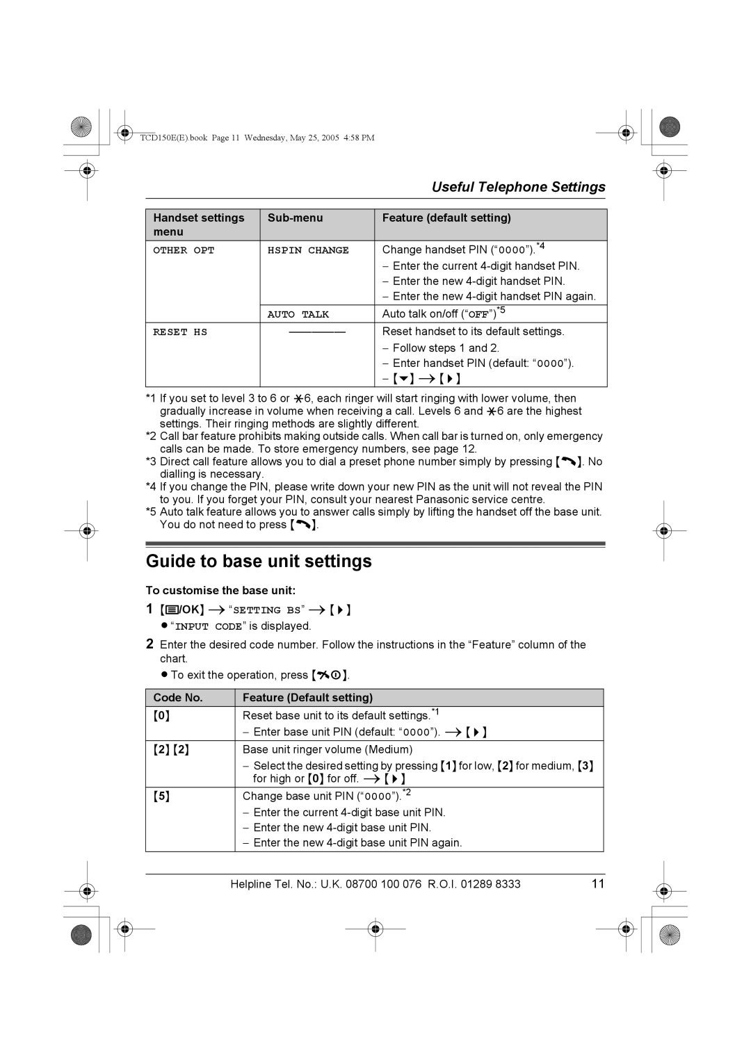 Panasonic KX-TCD150E Guide to base unit settings, To customise the base unit, Code No Feature Default setting 