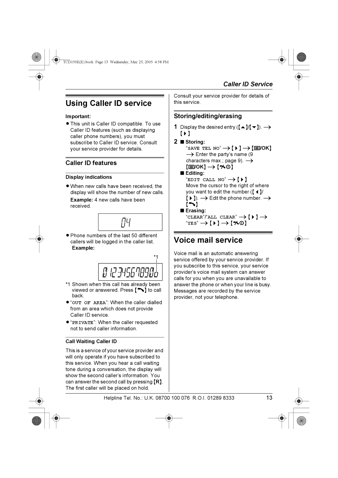 Panasonic KX-TCD150E Using Caller ID service, Voice mail service, Caller ID features, Storing/editing/erasing 