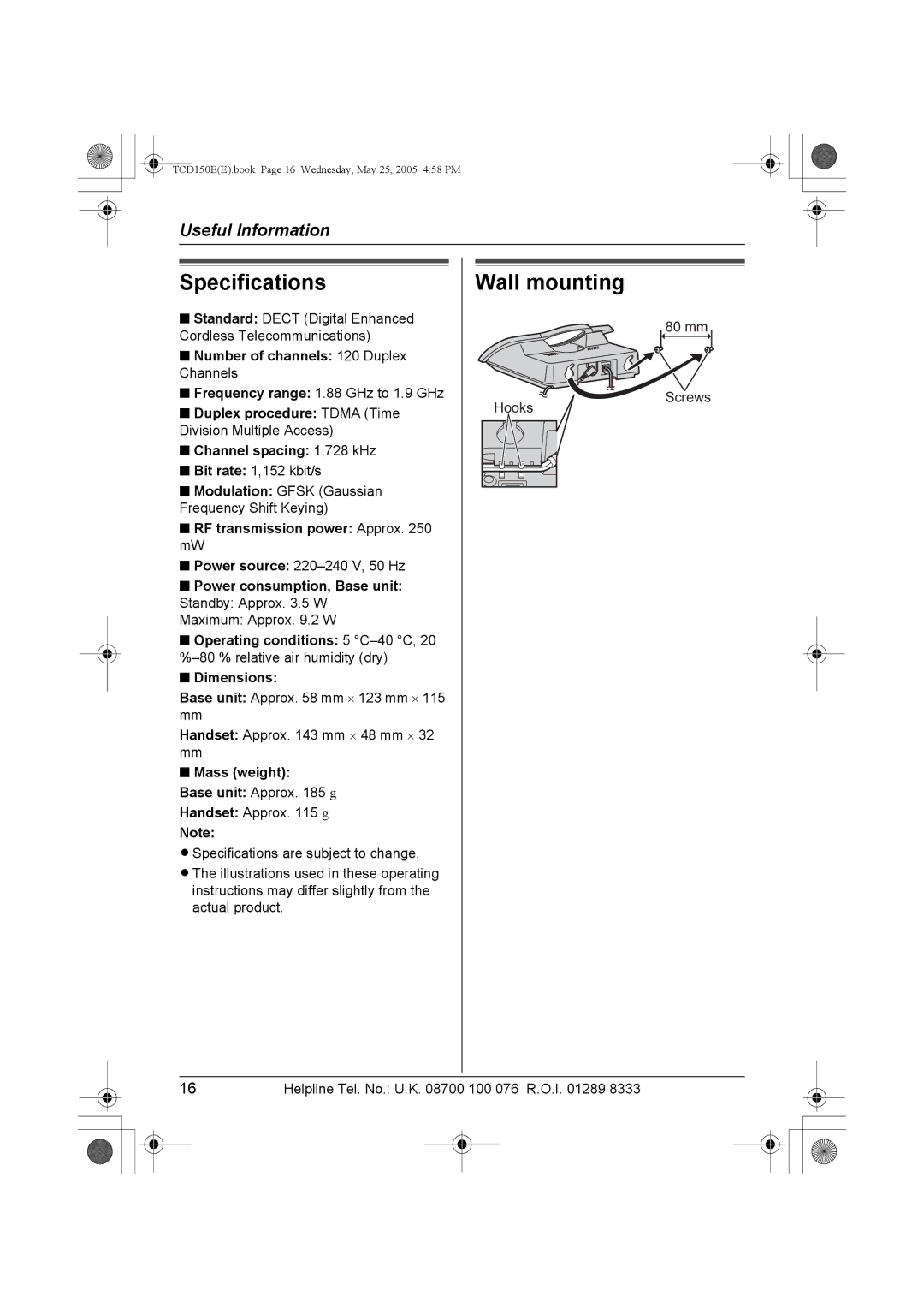 Panasonic KX-TCD150E Specifications, Wall mounting, Number of channels 120 Duplex Channels, Mass weight 