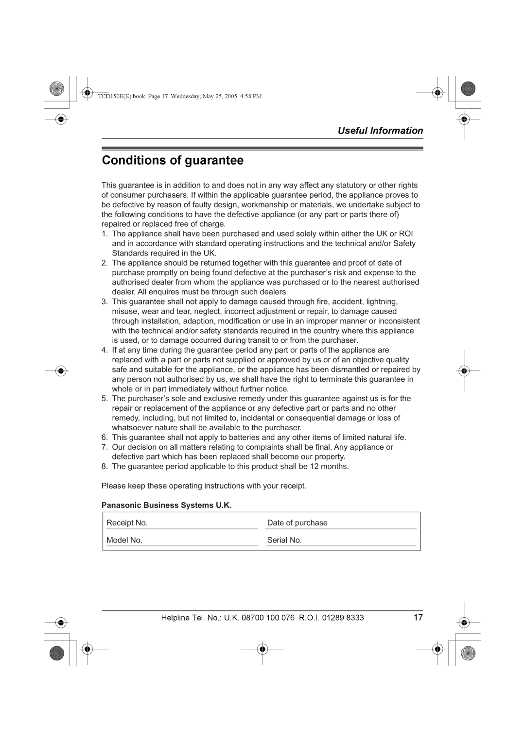 Panasonic KX-TCD150E operating instructions Conditions of guarantee, Panasonic Business Systems U.K 