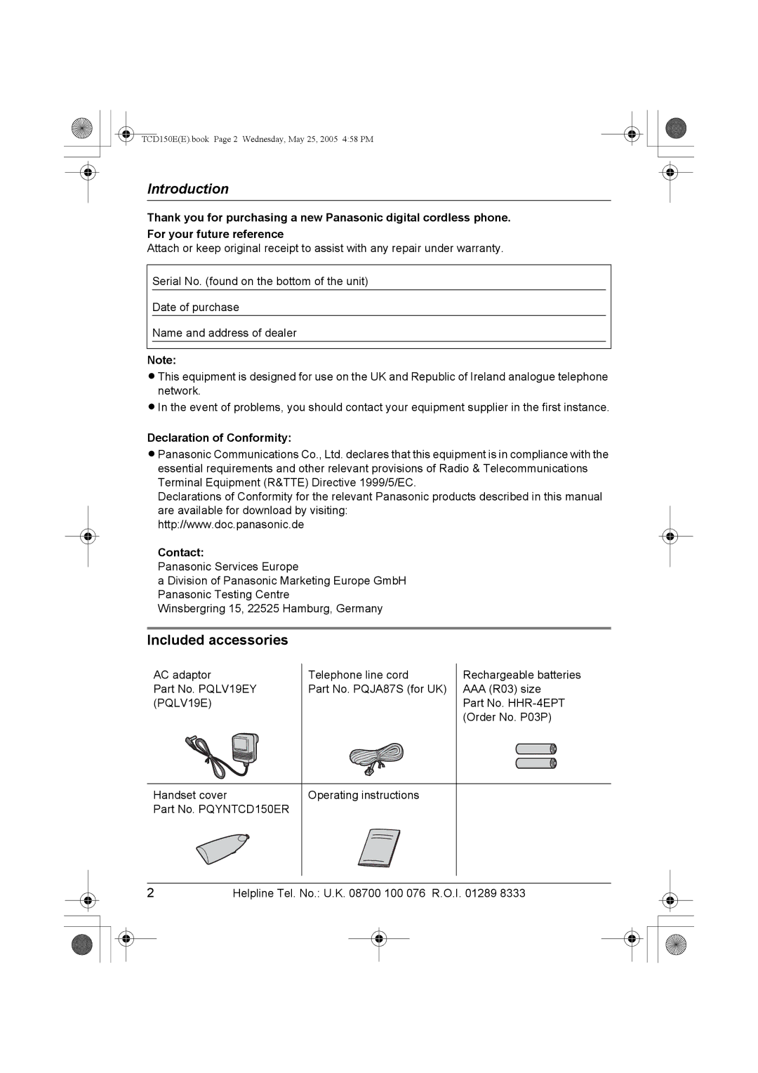 Panasonic KX-TCD150E operating instructions Included accessories, Declaration of Conformity, Contact 