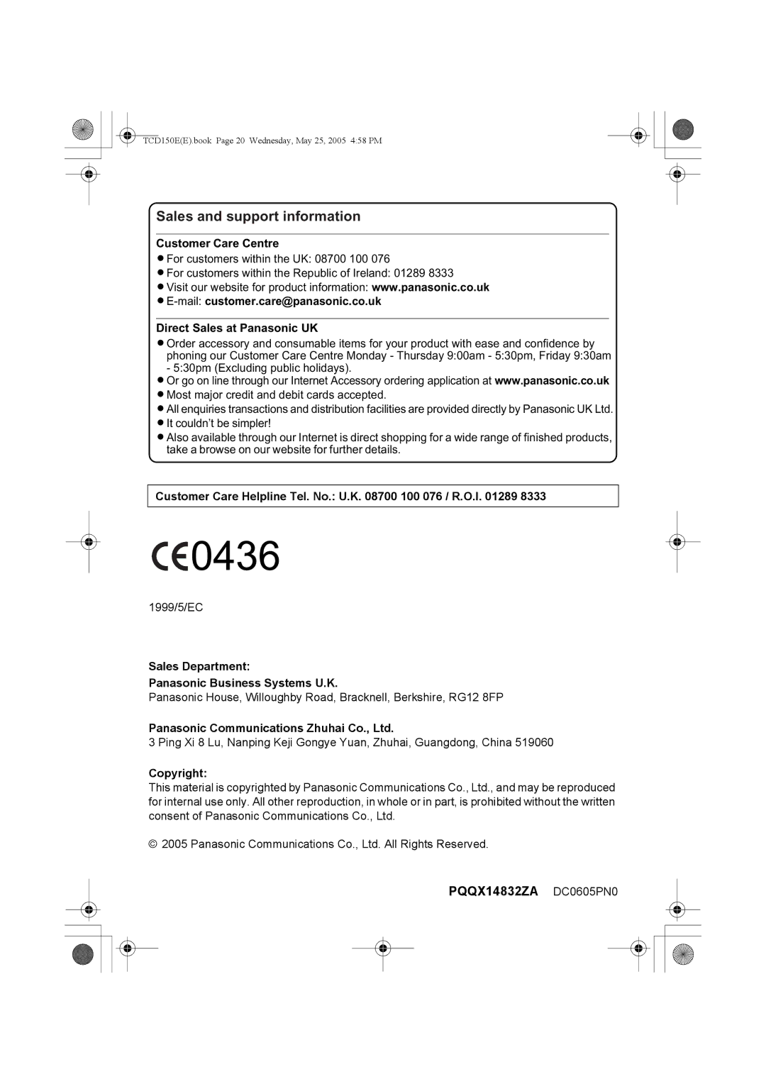 Panasonic KX-TCD150E Sales and support information, Customer Care Centre, Sales Department Panasonic Business Systems U.K 