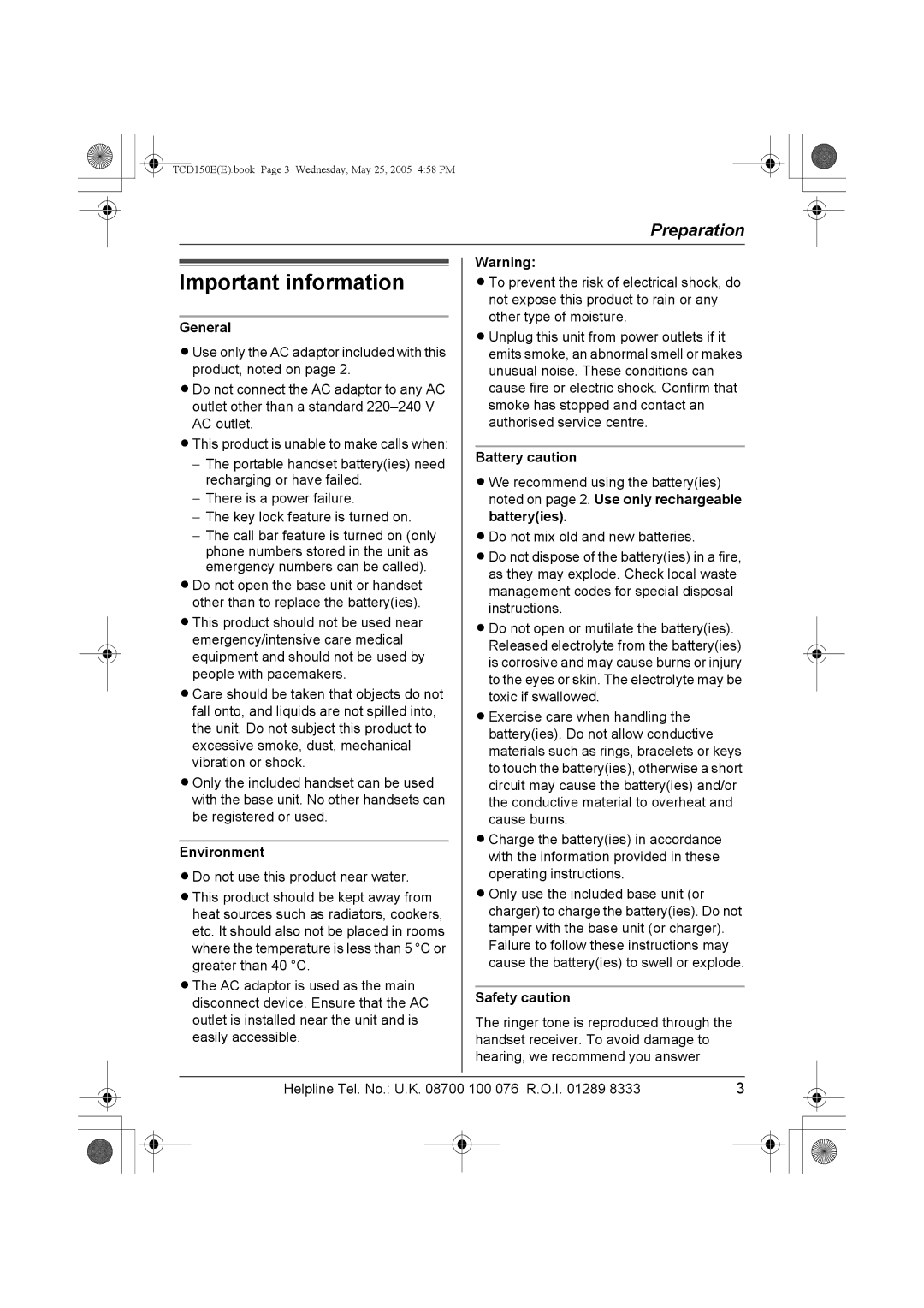 Panasonic KX-TCD150E operating instructions Important information, General, Environment, Battery caution, Safety caution 