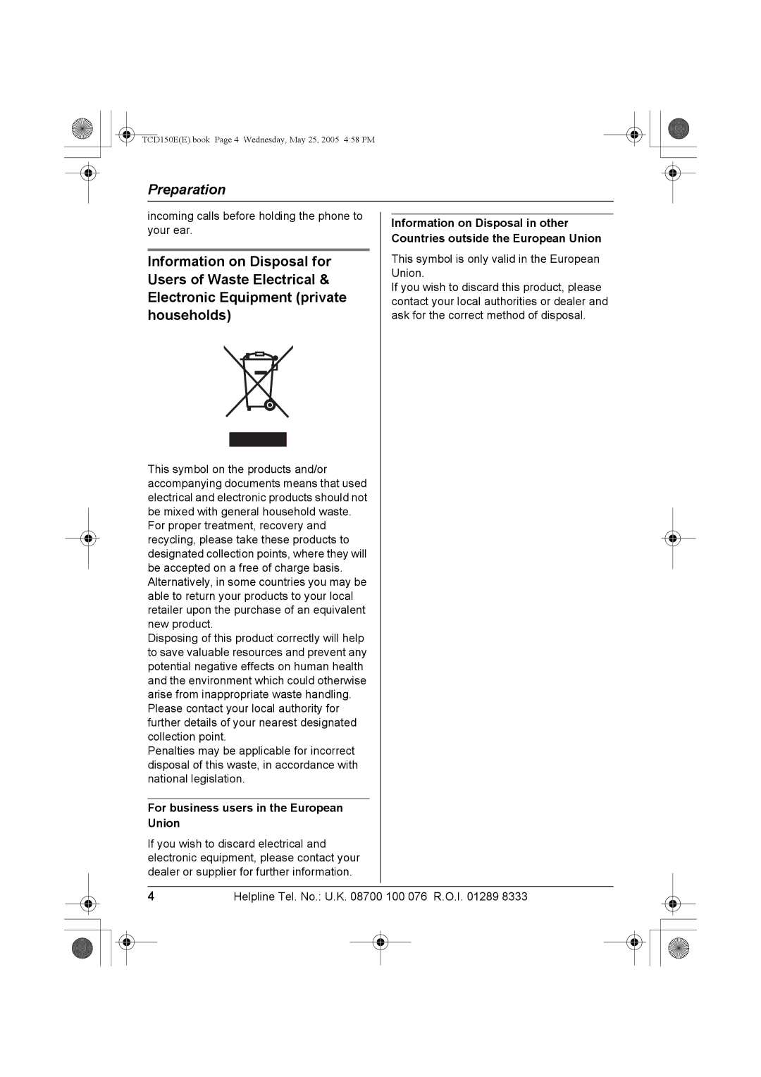 Panasonic KX-TCD150E operating instructions For business users in the European Union 