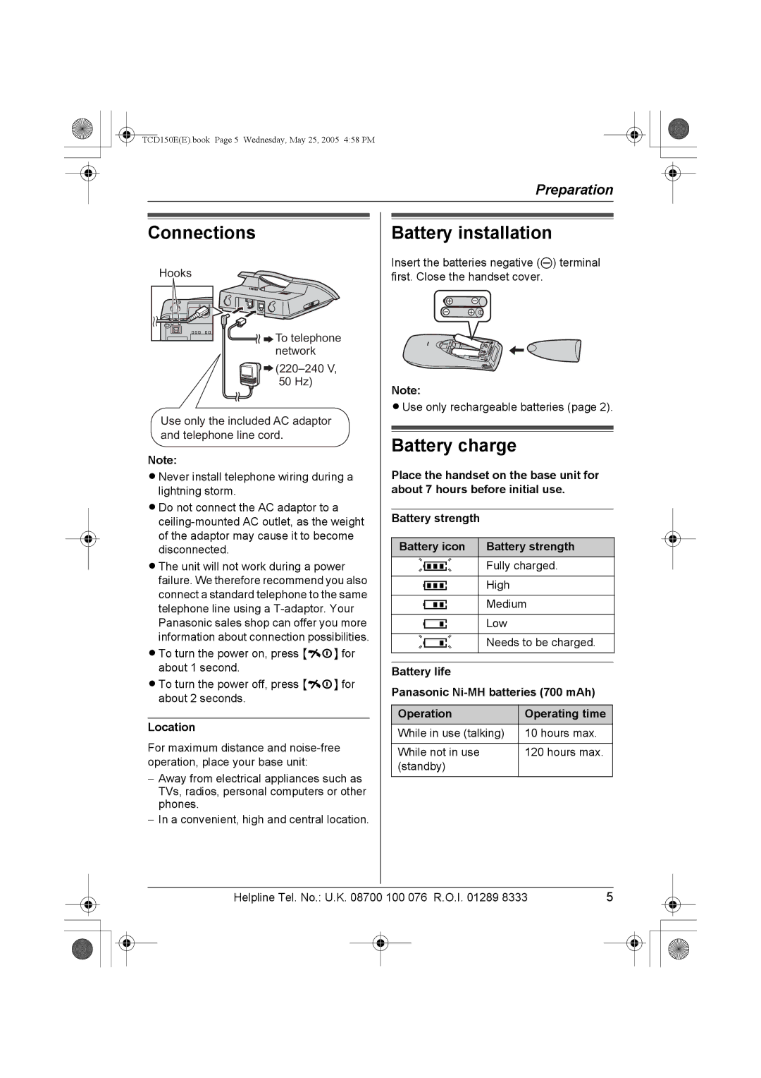 Panasonic KX-TCD150E operating instructions Connections, Battery installation, Battery charge, Location 