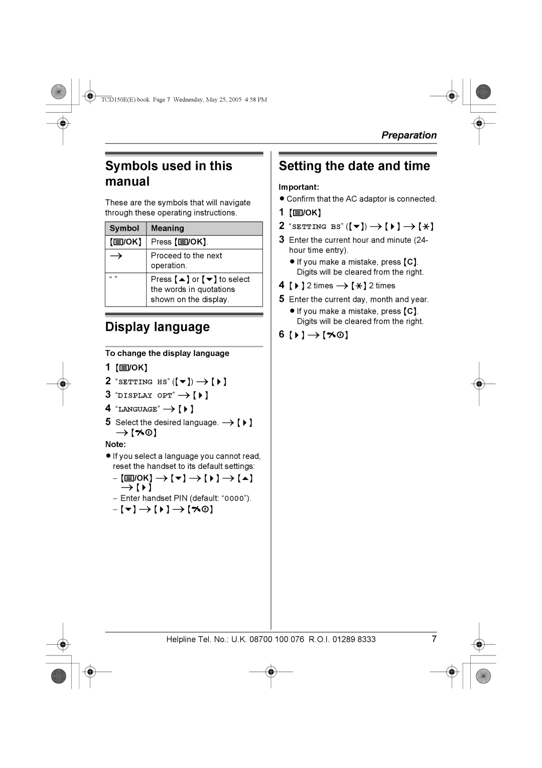 Panasonic KX-TCD150E Symbols used in this manual, Display language, Setting the date and time, Display OPT Language 