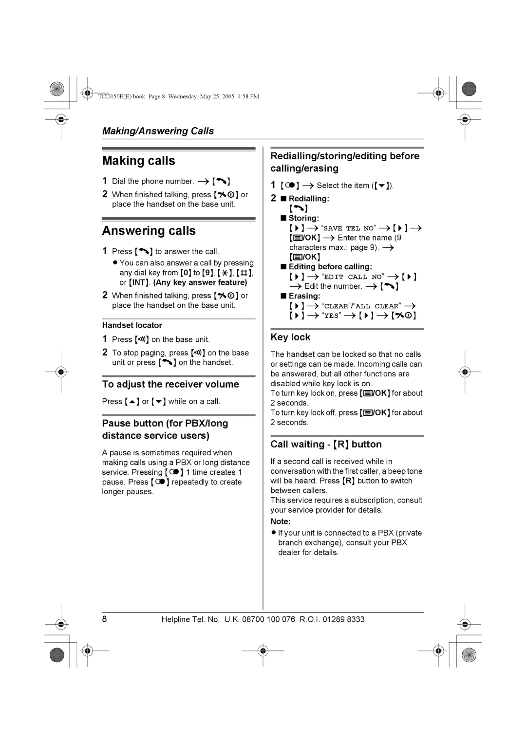 Panasonic KX-TCD150E operating instructions Making calls, Answering calls 