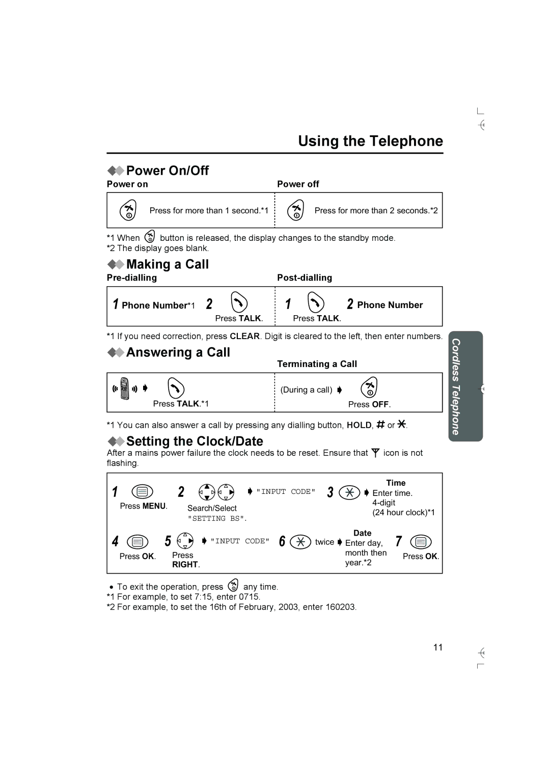 Panasonic KX-TCD400AL Using the Telephone, Power On/Off, Making a Call, Answering a Call, Setting the Clock/Date 