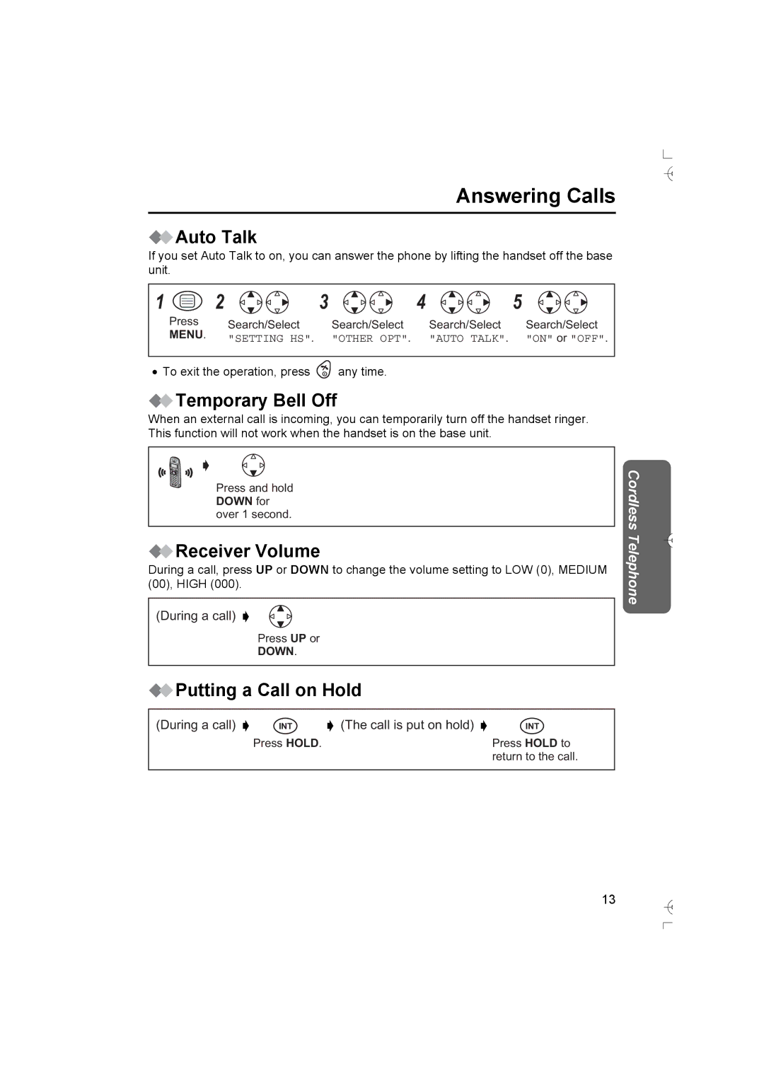 Panasonic KX-TCD400AL Answering Calls, Auto Talk, Temporary Bell Off, Receiver Volume, Putting a Call on Hold 