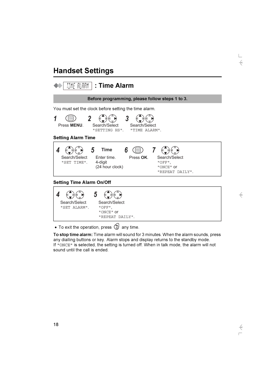 Panasonic KX-TCD400AL operating instructions Handset Settings, Time Alarm, Before programming, please follow steps 1 to 