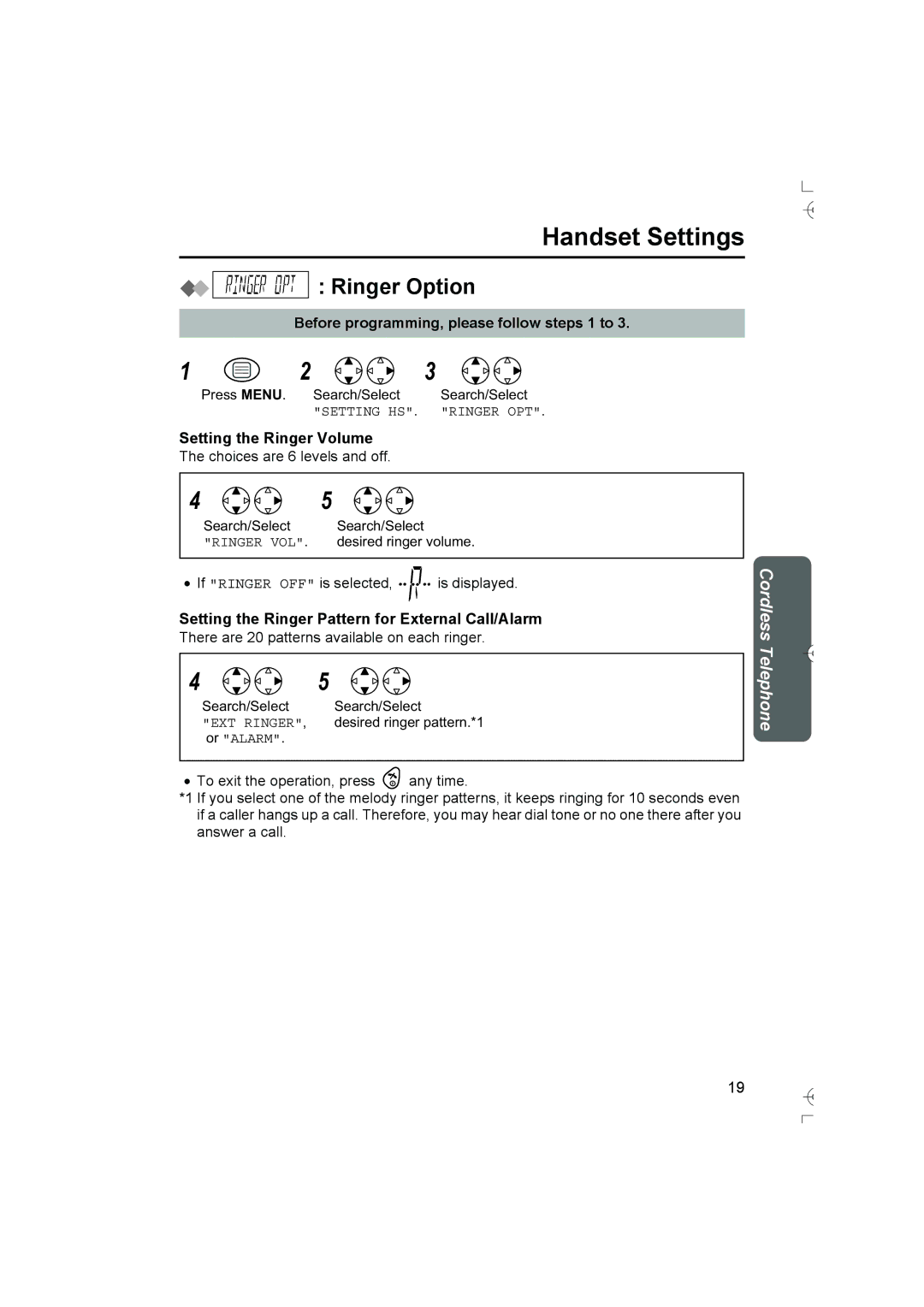 Panasonic KX-TCD400AL Ringer Option, Setting the Ringer Volume, Setting the Ringer Pattern for External Call/Alarm 