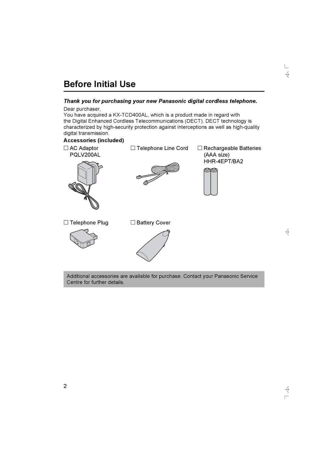 Panasonic KX-TCD400AL operating instructions Before Initial Use, Accessories included 