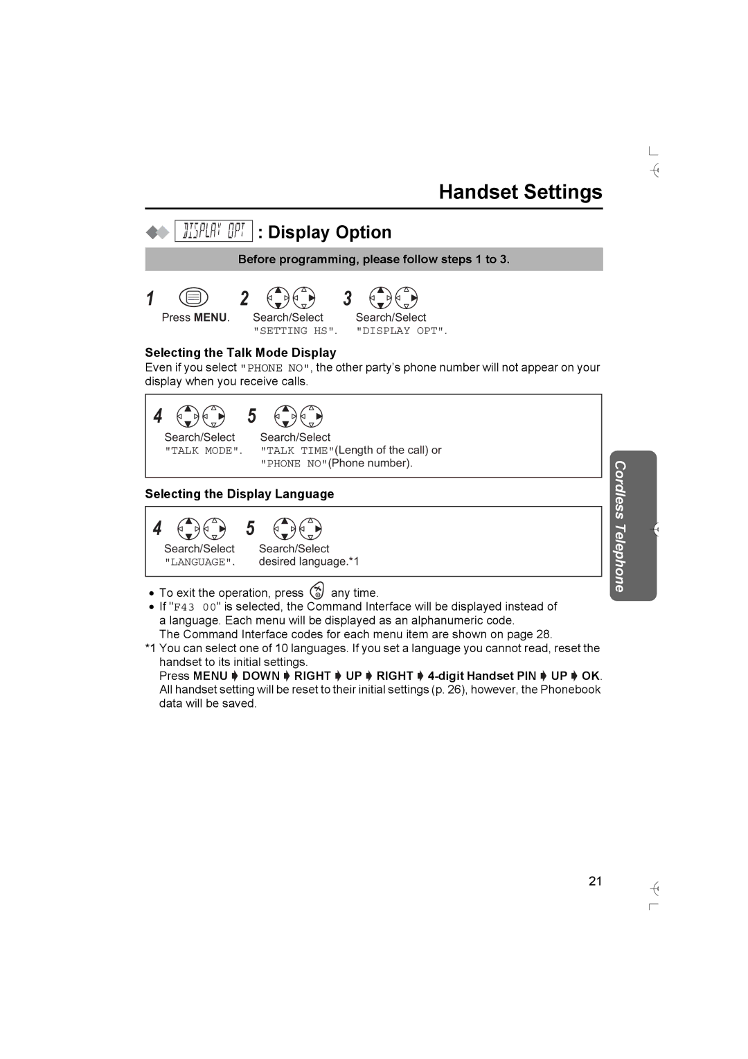 Panasonic KX-TCD400AL Display Option, Selecting the Talk Mode Display, Selecting the Display Language 