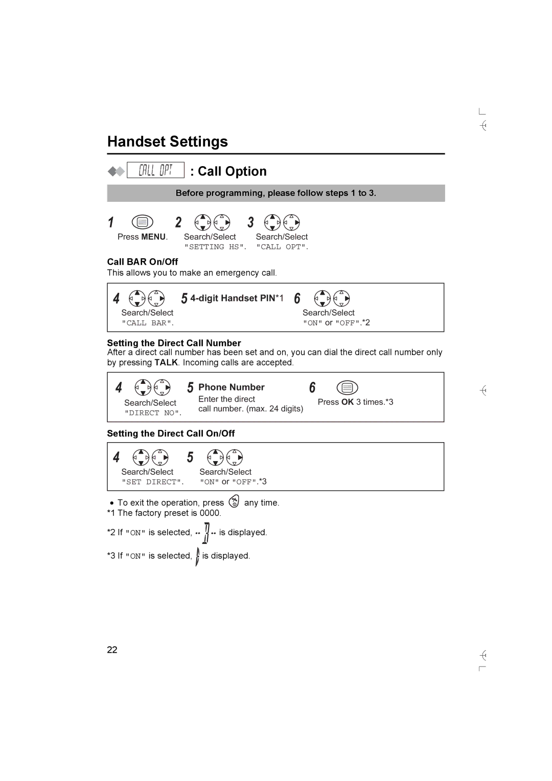 Panasonic KX-TCD400AL Call Option, Call BAR On/Off, Digit Handset PIN *1, Setting the Direct Call Number 