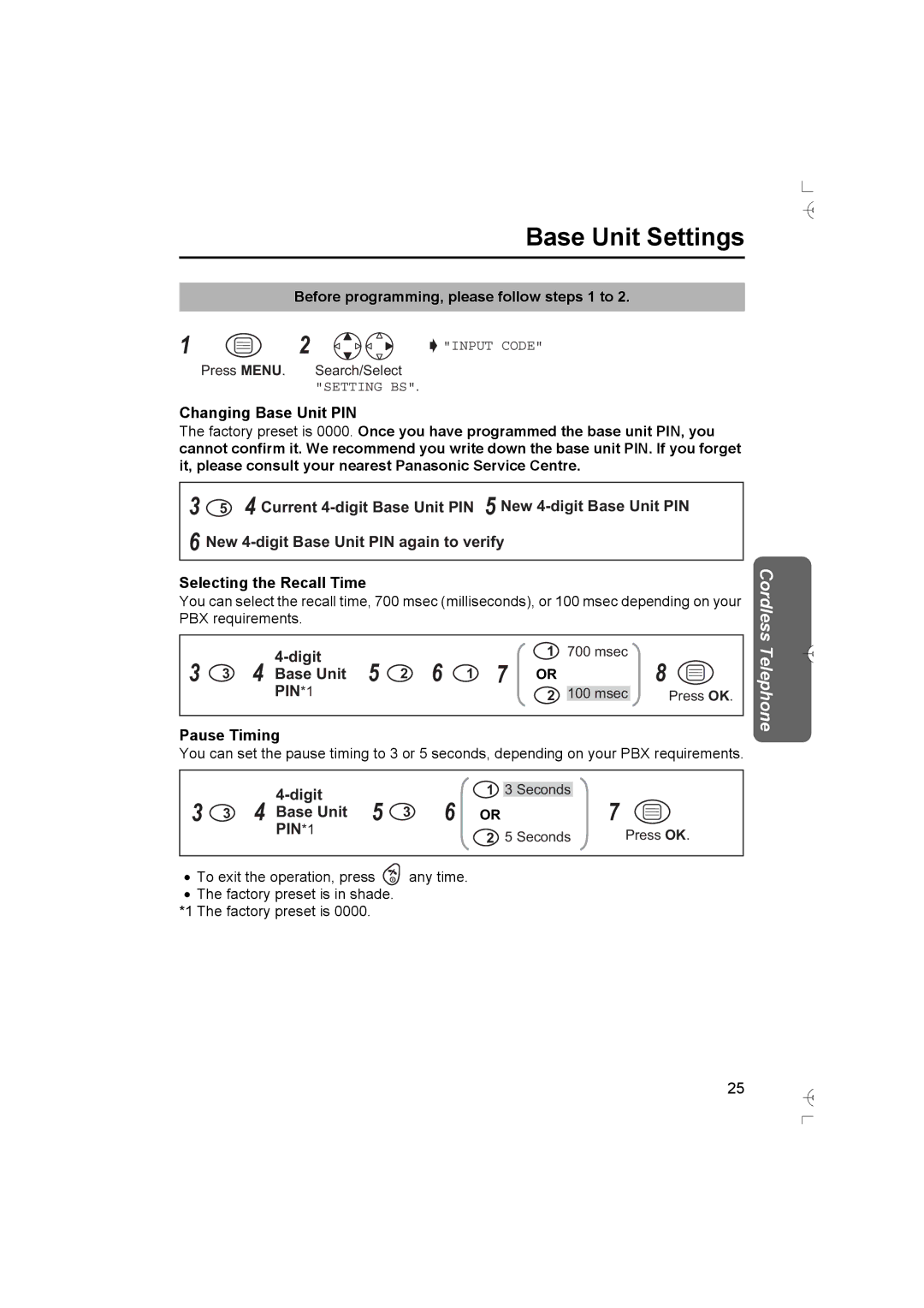 Panasonic KX-TCD400AL Base Unit Settings, Digit, Base Unit 5 2 6 1 PIN *1, Pause Timing, Base Unit 5 PIN *1 