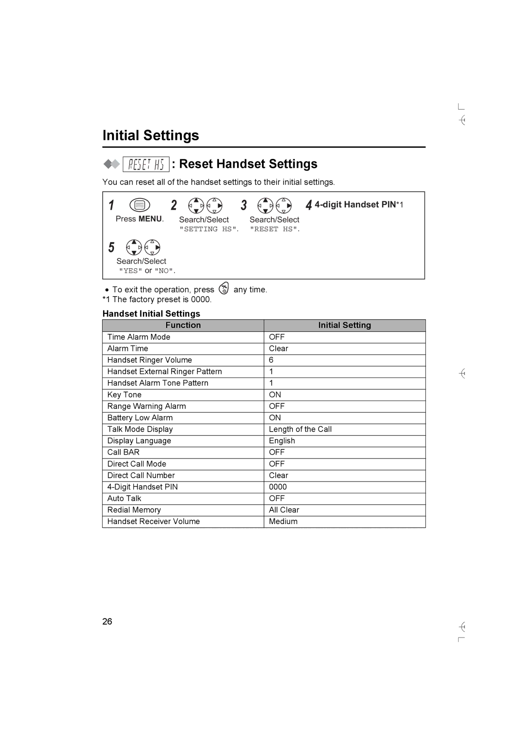 Panasonic KX-TCD400AL operating instructions Reset Handset Settings, Handset Initial Settings Function 