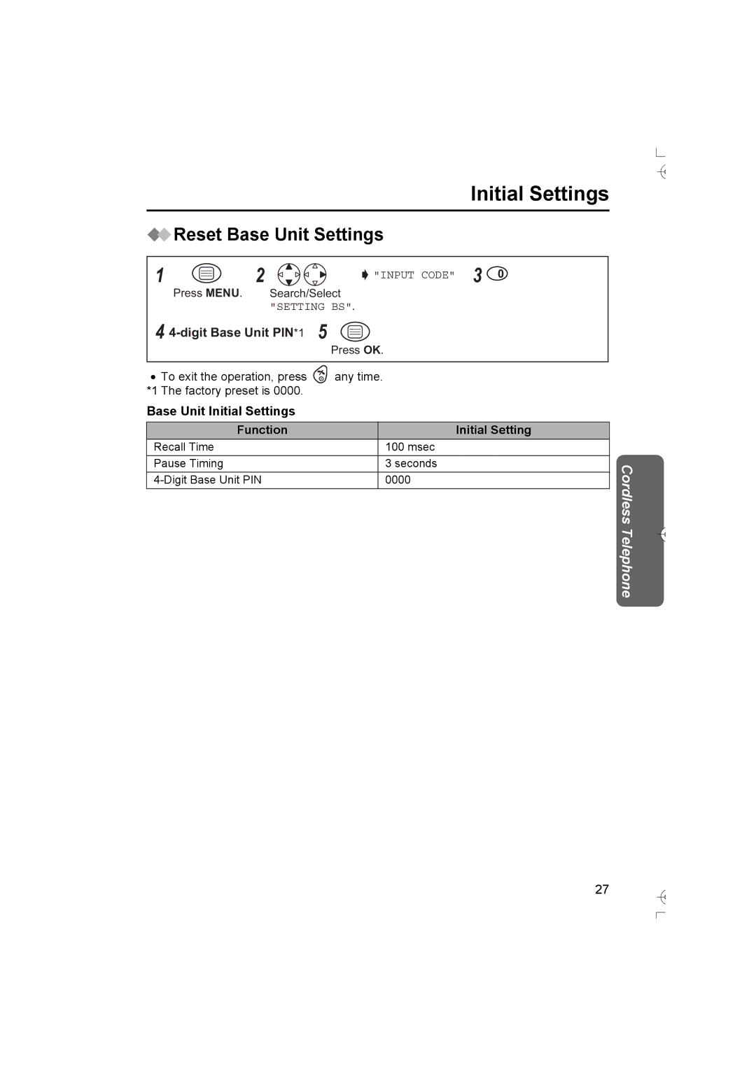 Panasonic KX-TCD400AL Reset Base Unit Settings, Digit Base Unit PIN*1, Base Unit Initial Settings Function 