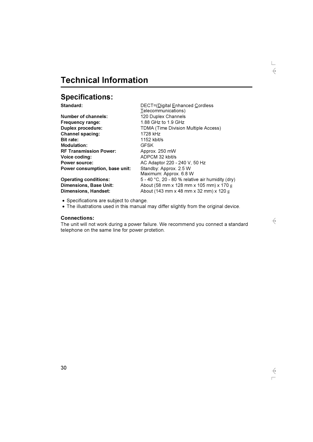 Panasonic KX-TCD400AL operating instructions Technical Information, Specifications, Connections 