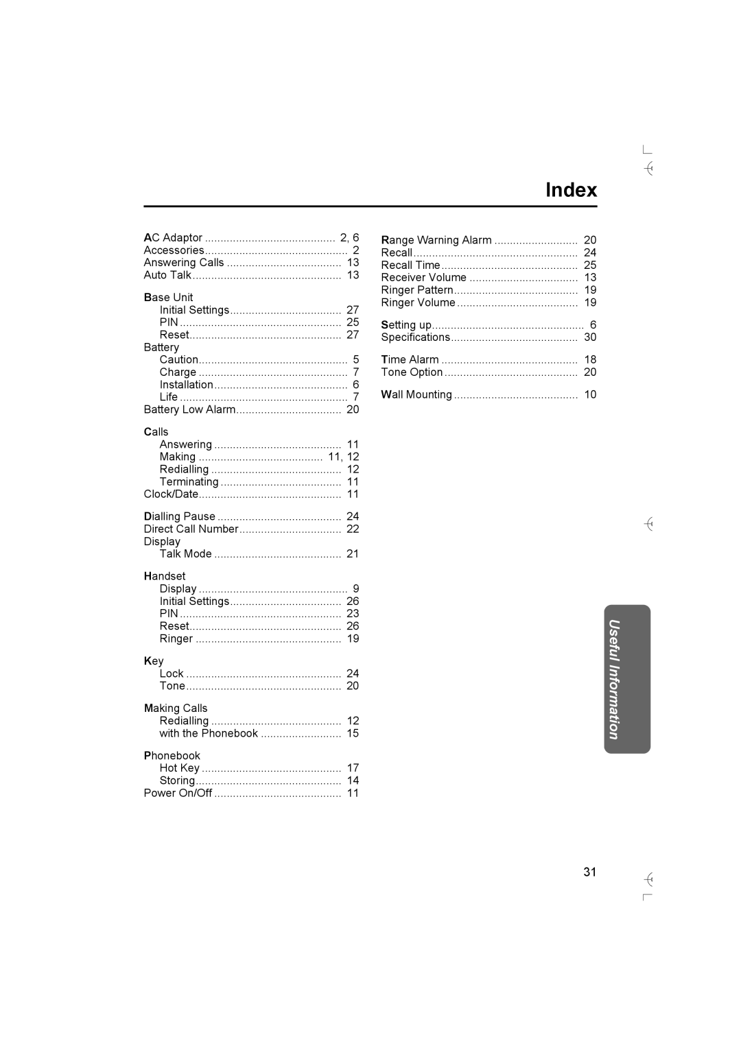 Panasonic KX-TCD400AL operating instructions Index, Pin 