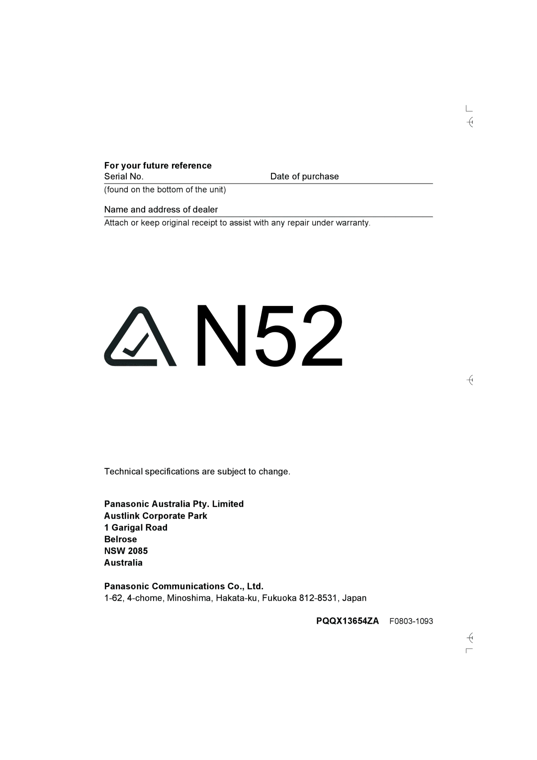 Panasonic KX-TCD400AL operating instructions For your future reference, PQQX13654ZA F0803-1093 