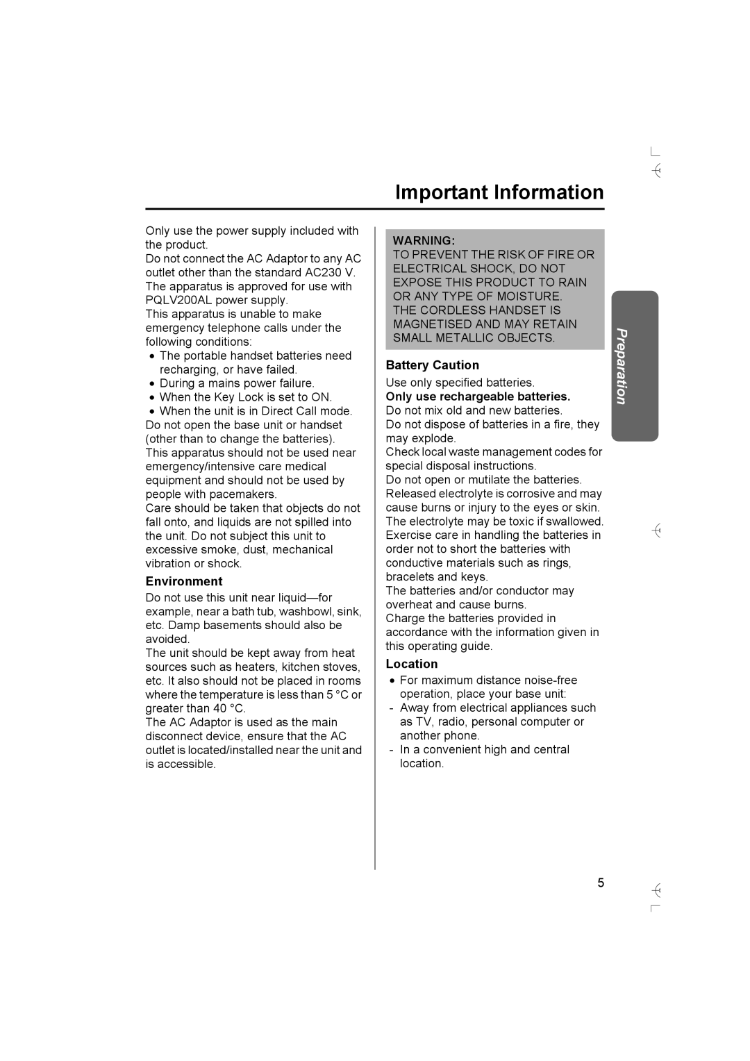 Panasonic KX-TCD400AL operating instructions Environment, Battery Caution, Location 