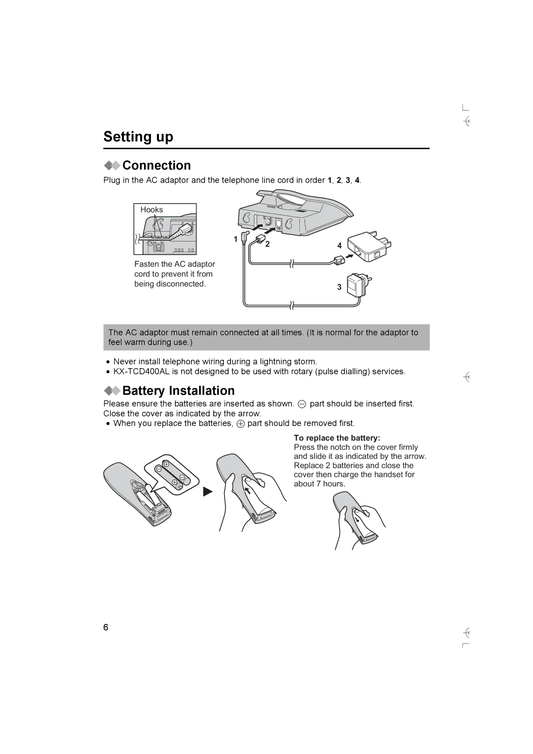 Panasonic KX-TCD400AL operating instructions Setting up, Connection, Battery Installation 