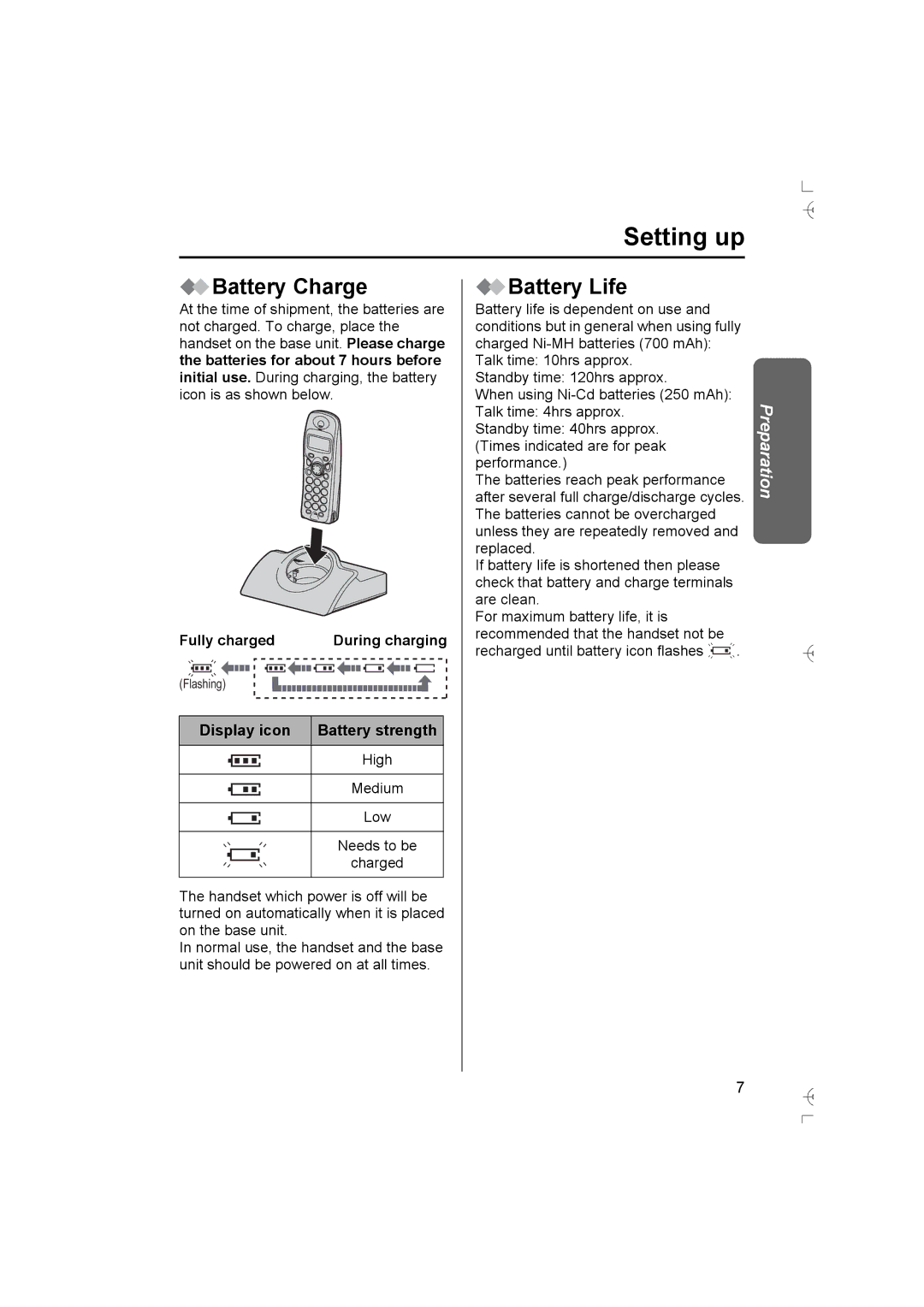 Panasonic KX-TCD400AL operating instructions Battery Charge, Battery Life, Fully charged, Display icon Battery strength 