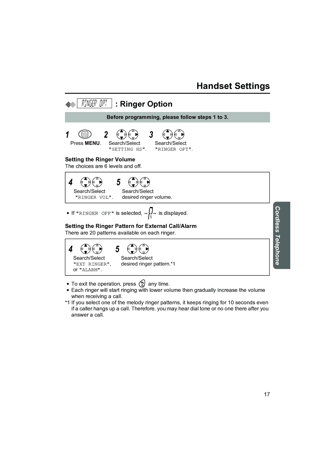 Panasonic KX-TCD400NZ Ringer Option, Setting the Ringer Volume, Setting the Ringer Pattern for External Call/Alarm 