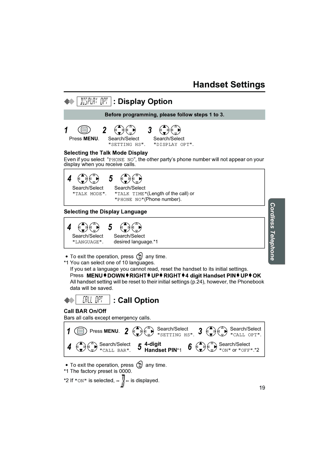 Panasonic KX-TCD400NZ operating instructions Display Option, Call Option 