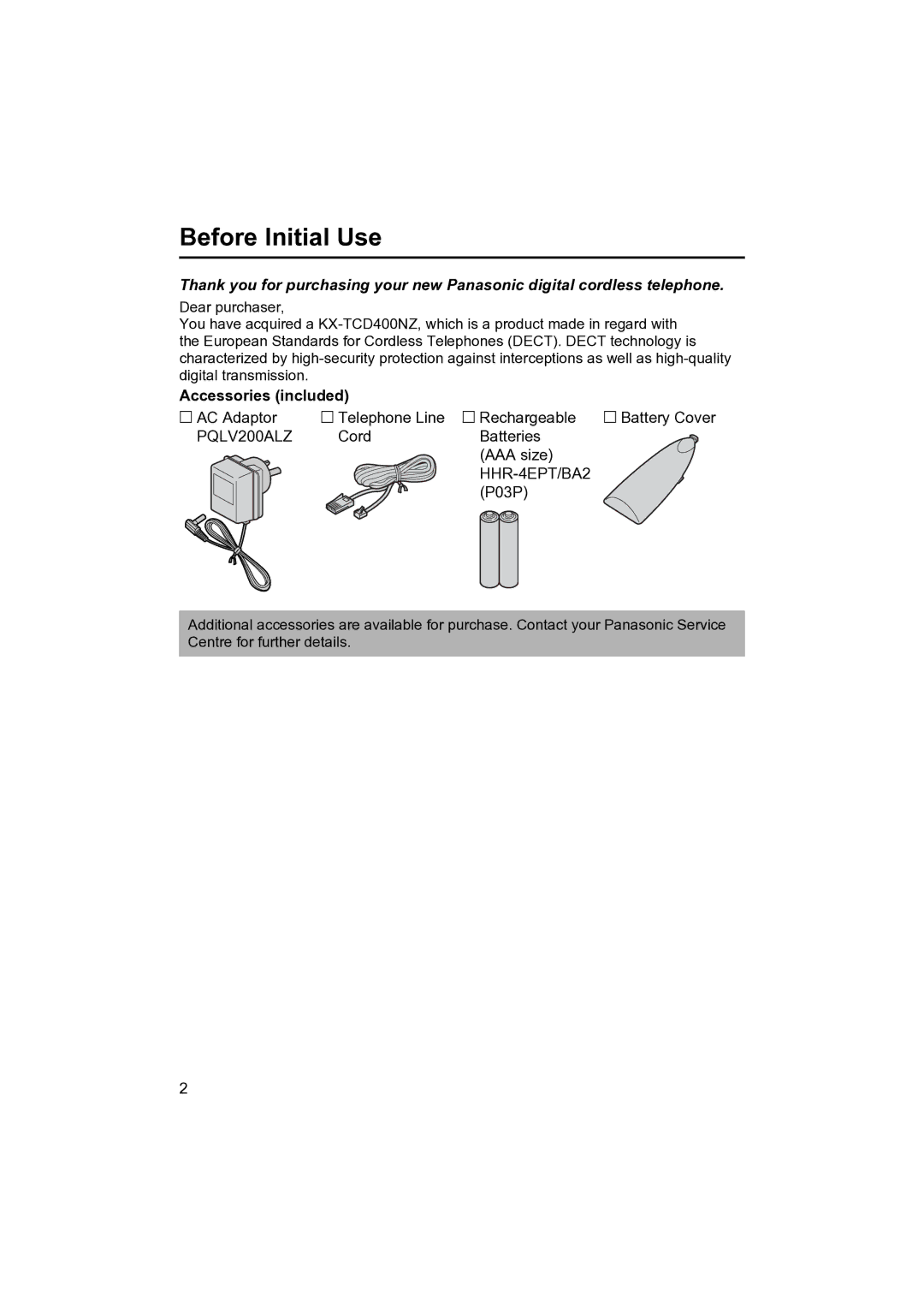 Panasonic KX-TCD400NZ operating instructions Before Initial Use, Accessories included 