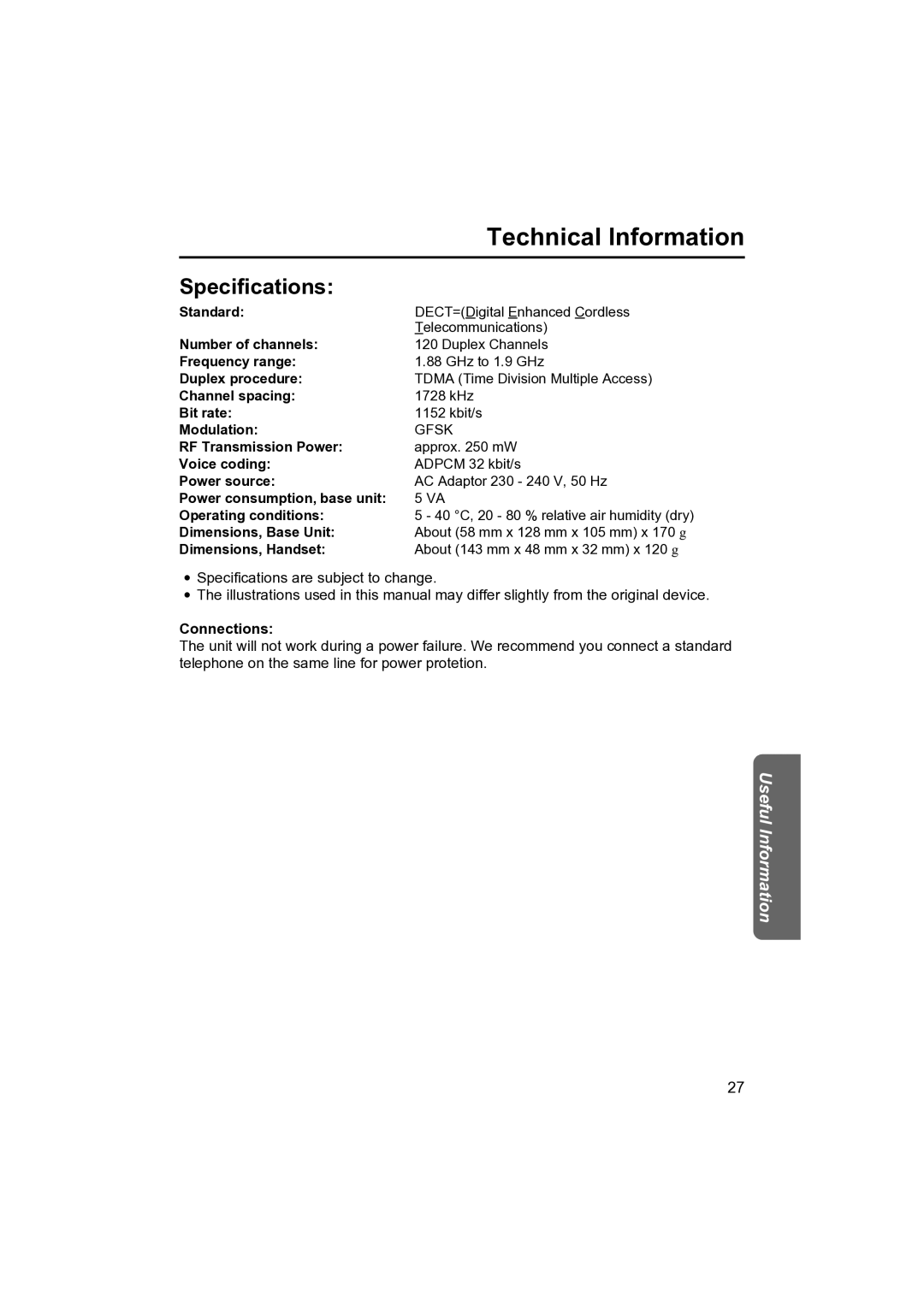 Panasonic KX-TCD400NZ operating instructions Technical Information, Specifications, Connections 