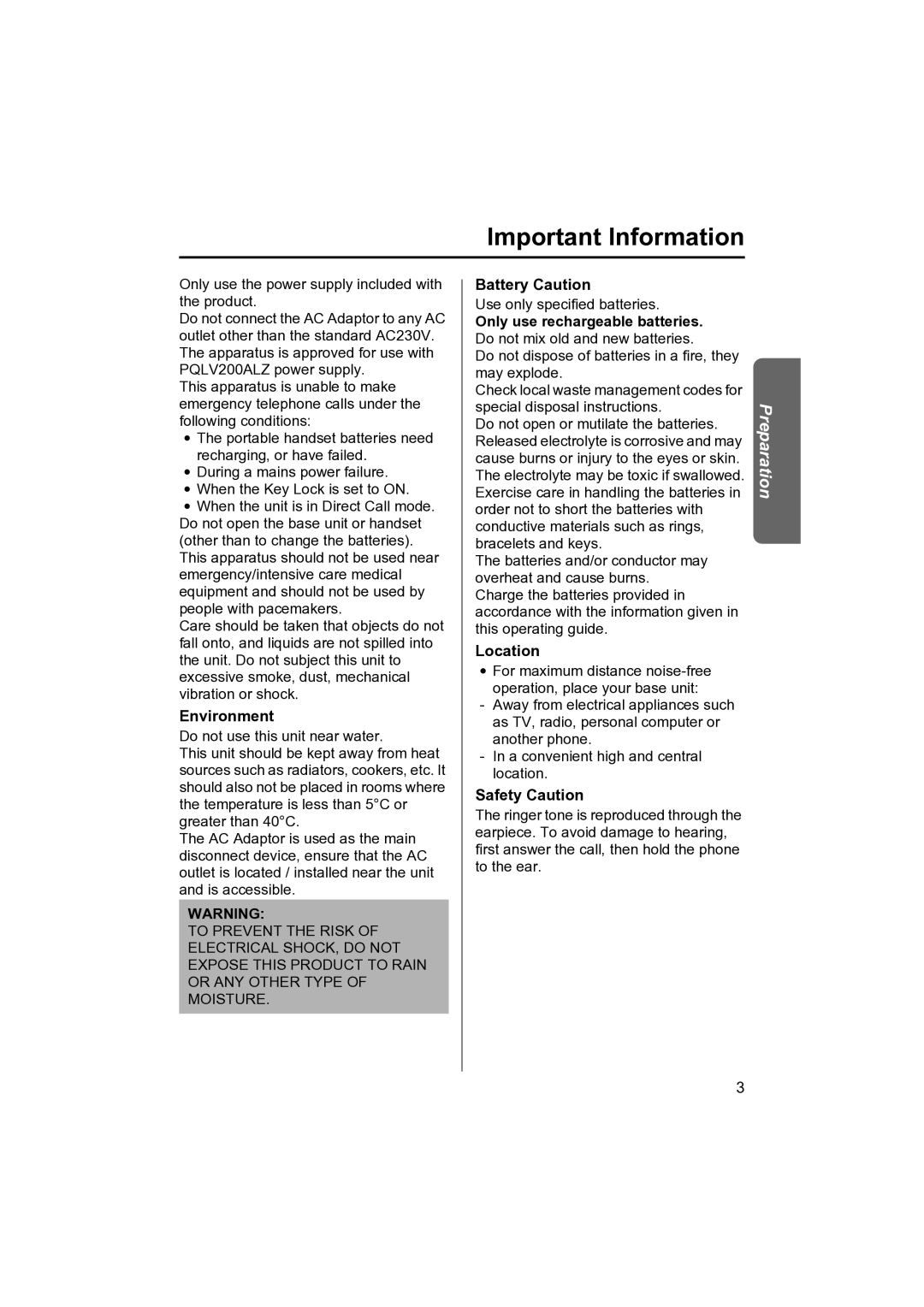 Panasonic KX-TCD400NZ operating instructions Important Information, Environment, Battery Caution, Location, Safety Caution 