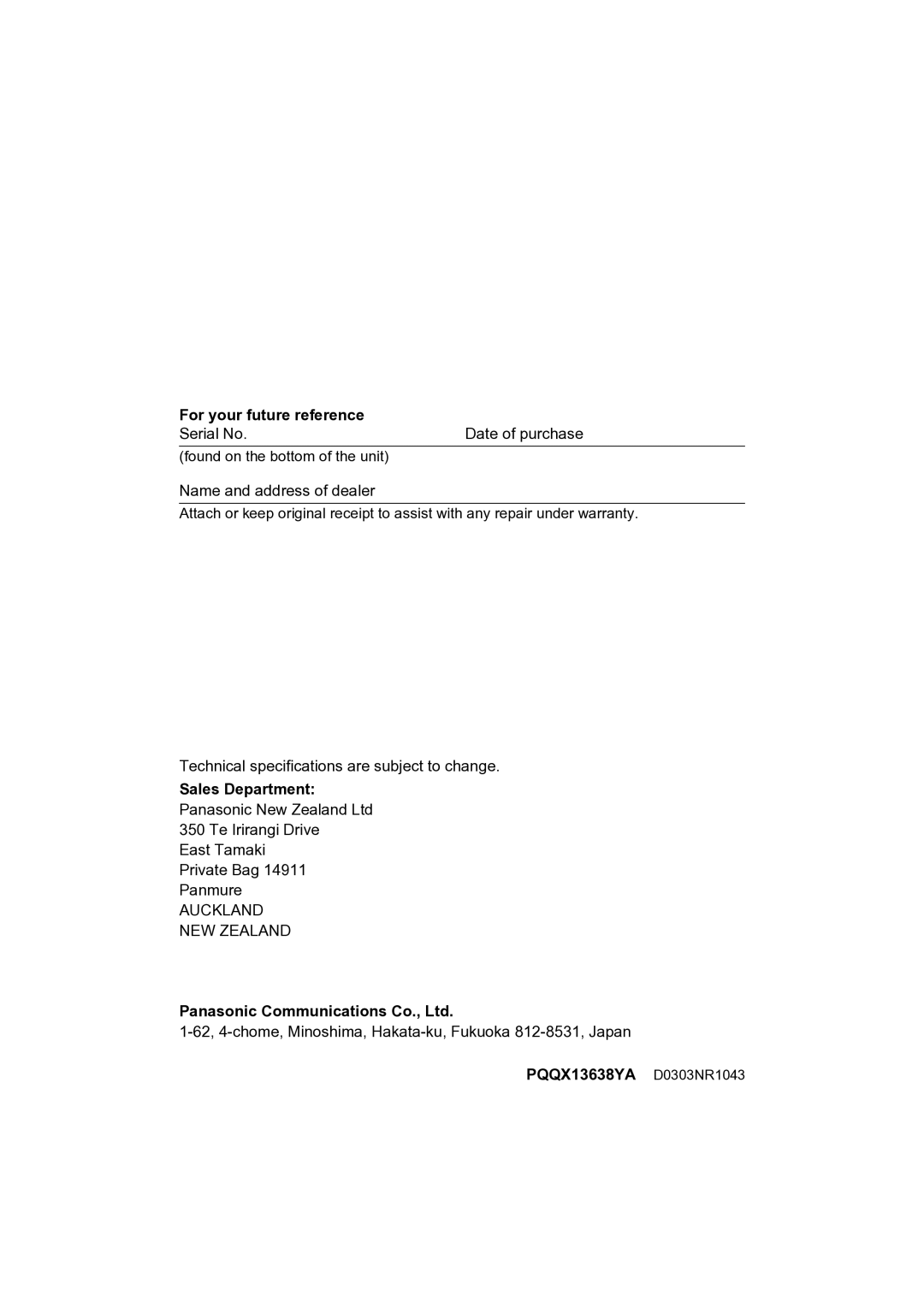 Panasonic KX-TCD400NZ operating instructions For your future reference, PQQX13638YA D0303NR1043 