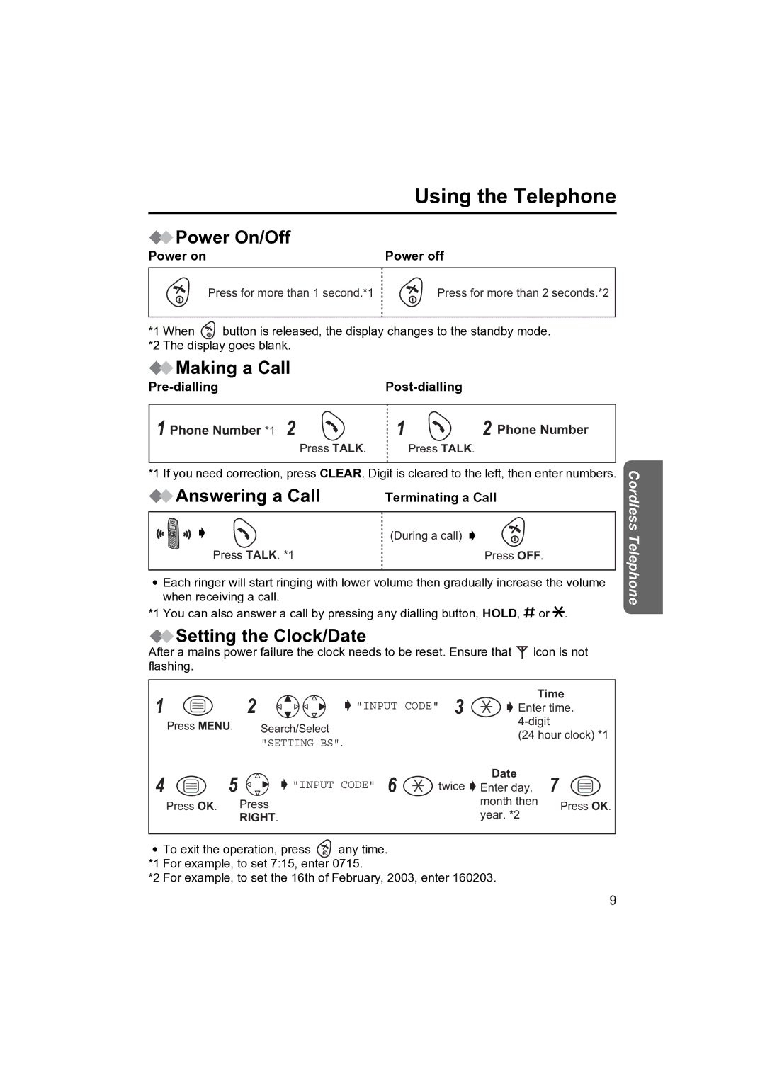 Panasonic KX-TCD400NZ Using the Telephone, Power On/Off, Making a Call, Answering a Call, Setting the Clock/Date 