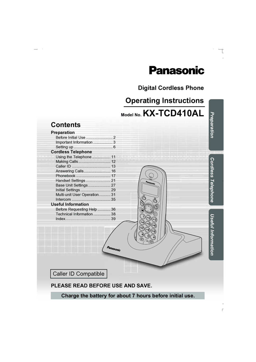 Panasonic operating instructions Model No. KX-TCD410AL, Contents 