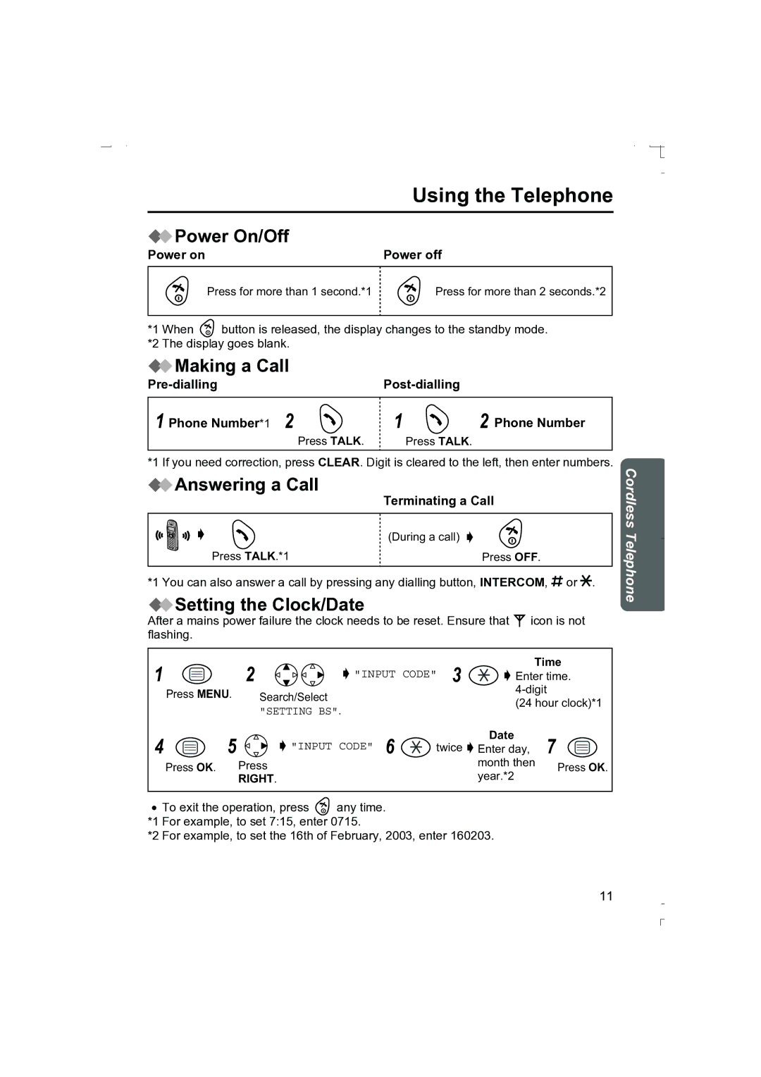 Panasonic KX-TCD410AL Using the Telephone, Power On/Off, Making a Call, Answering a Call, Setting the Clock/Date 