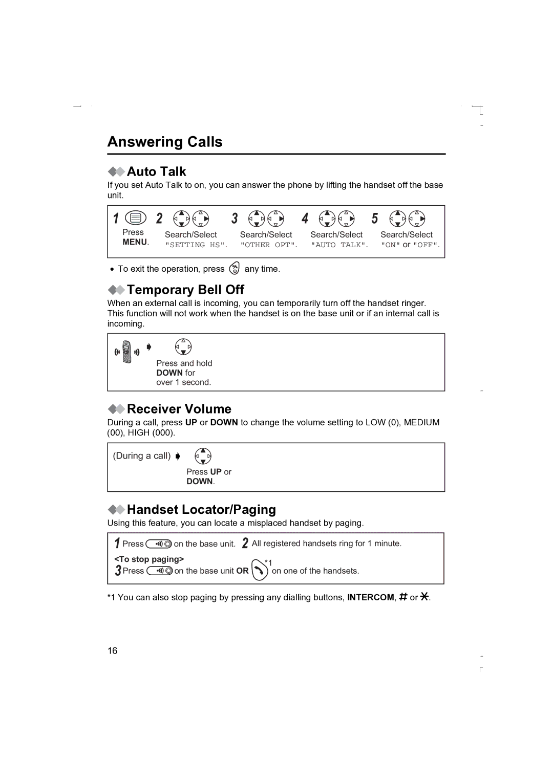 Panasonic KX-TCD410AL Answering Calls, Auto Talk, Temporary Bell Off, Receiver Volume, Handset Locator/Paging 