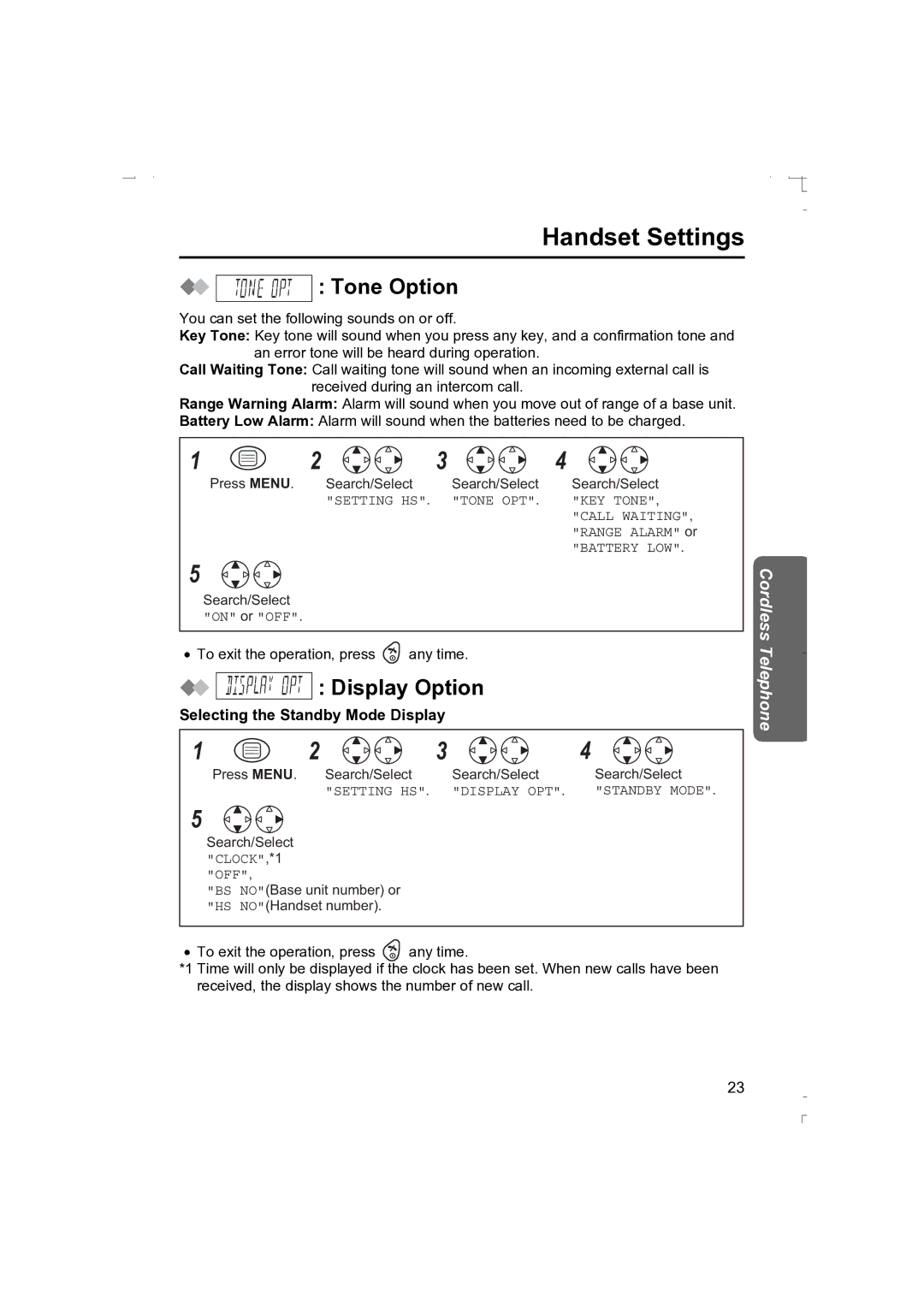 Panasonic KX-TCD410AL operating instructions Tone Option, Display Option, Selecting the Standby Mode Display 