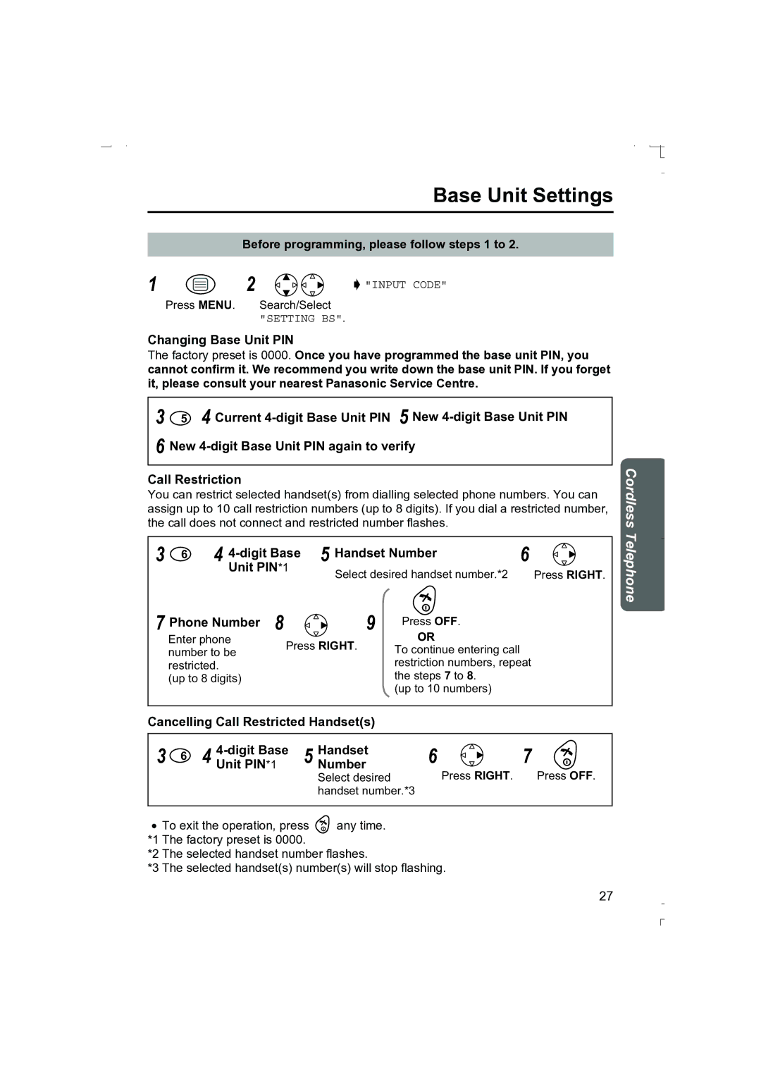 Panasonic KX-TCD410AL operating instructions Base Unit Settings, Digit Base Handset Number Unit PIN*1 