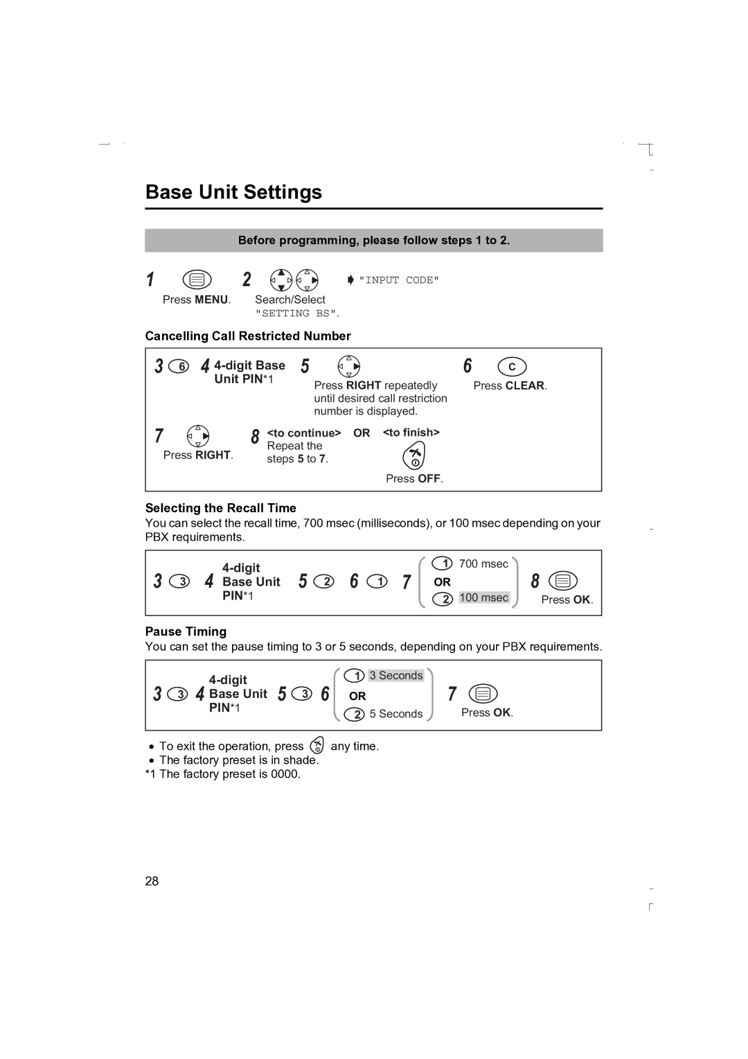 Panasonic KX-TCD410AL Cancelling Call Restricted Number 4 4-digit Base Unit PIN*1, Selecting the Recall Time, Pause Timing 