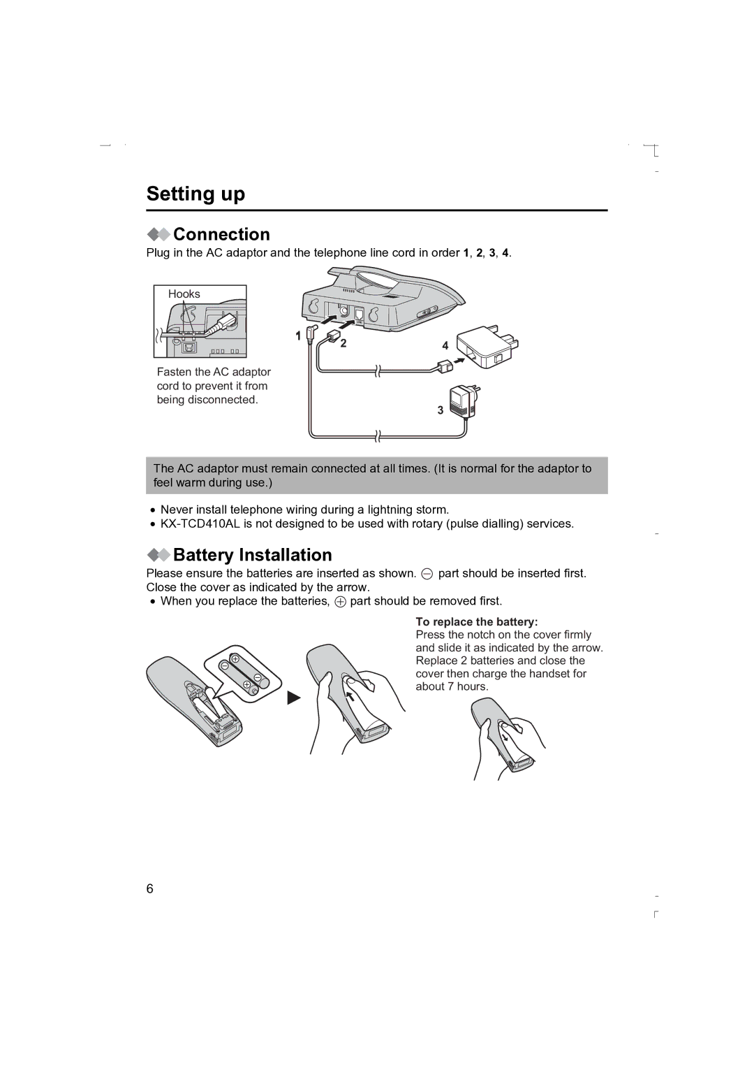 Panasonic KX-TCD410AL operating instructions Setting up, Connection, Battery Installation 