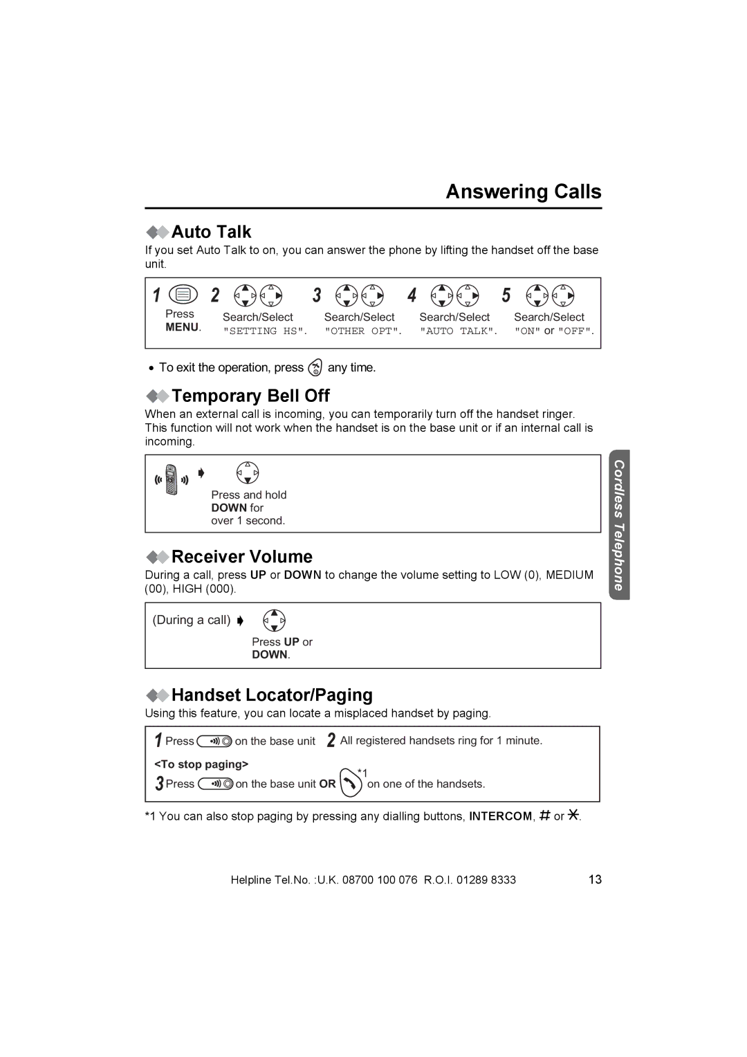 Panasonic KX-TCD410E Answering Calls, Auto Talk, Temporary Bell Off, Receiver Volume, Handset Locator/Paging 