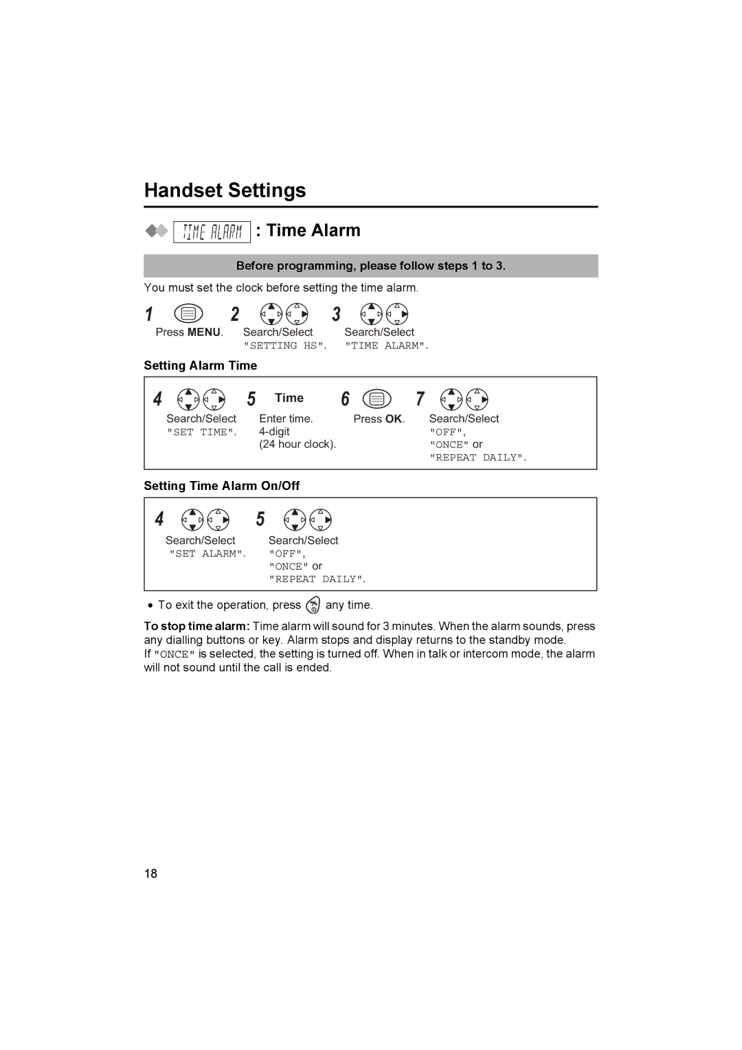 Panasonic KX-TCD410E Handset Settings, Before programming, please follow steps 1 to, Setting Time Alarm On/Off 