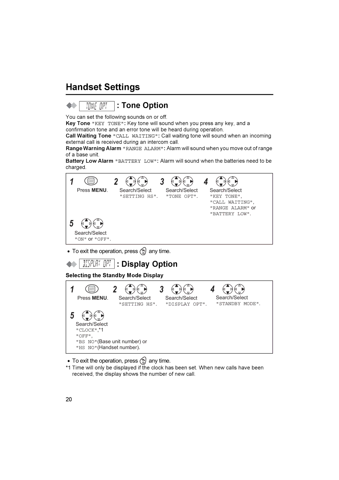 Panasonic KX-TCD410E operating instructions Tone Option, Display Option, Selecting the Standby Mode Display 