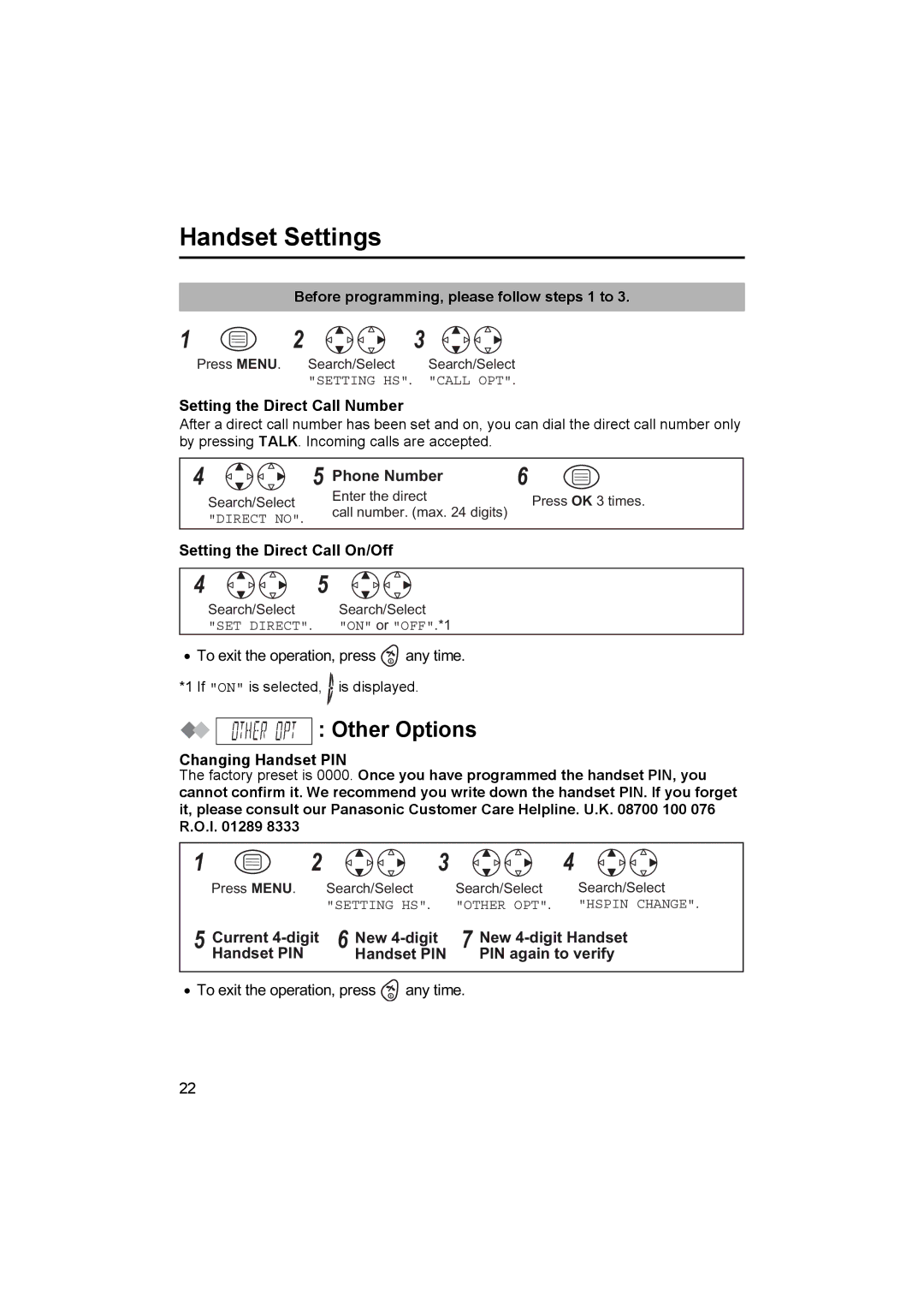 Panasonic KX-TCD410E Other Options, Setting the Direct Call Number, Setting the Direct Call On/Off, Handset PIN 