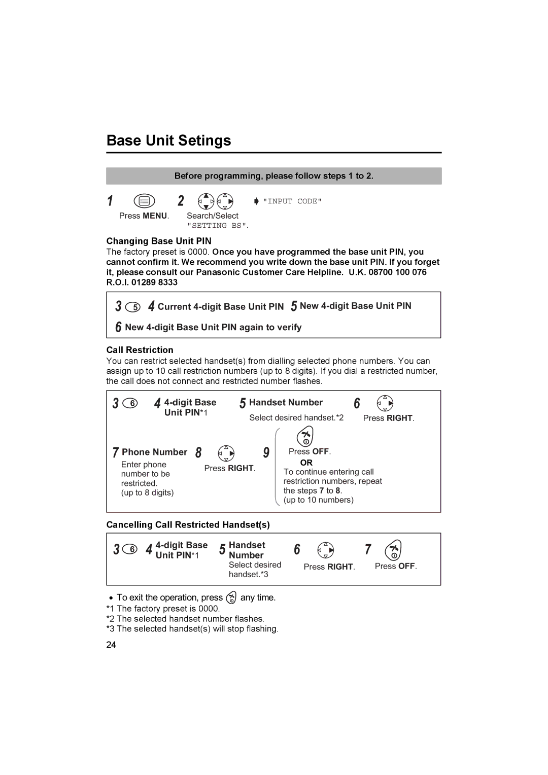 Panasonic KX-TCD410E operating instructions Base Unit Setings, Digit Base Handset Number Unit PIN*1 