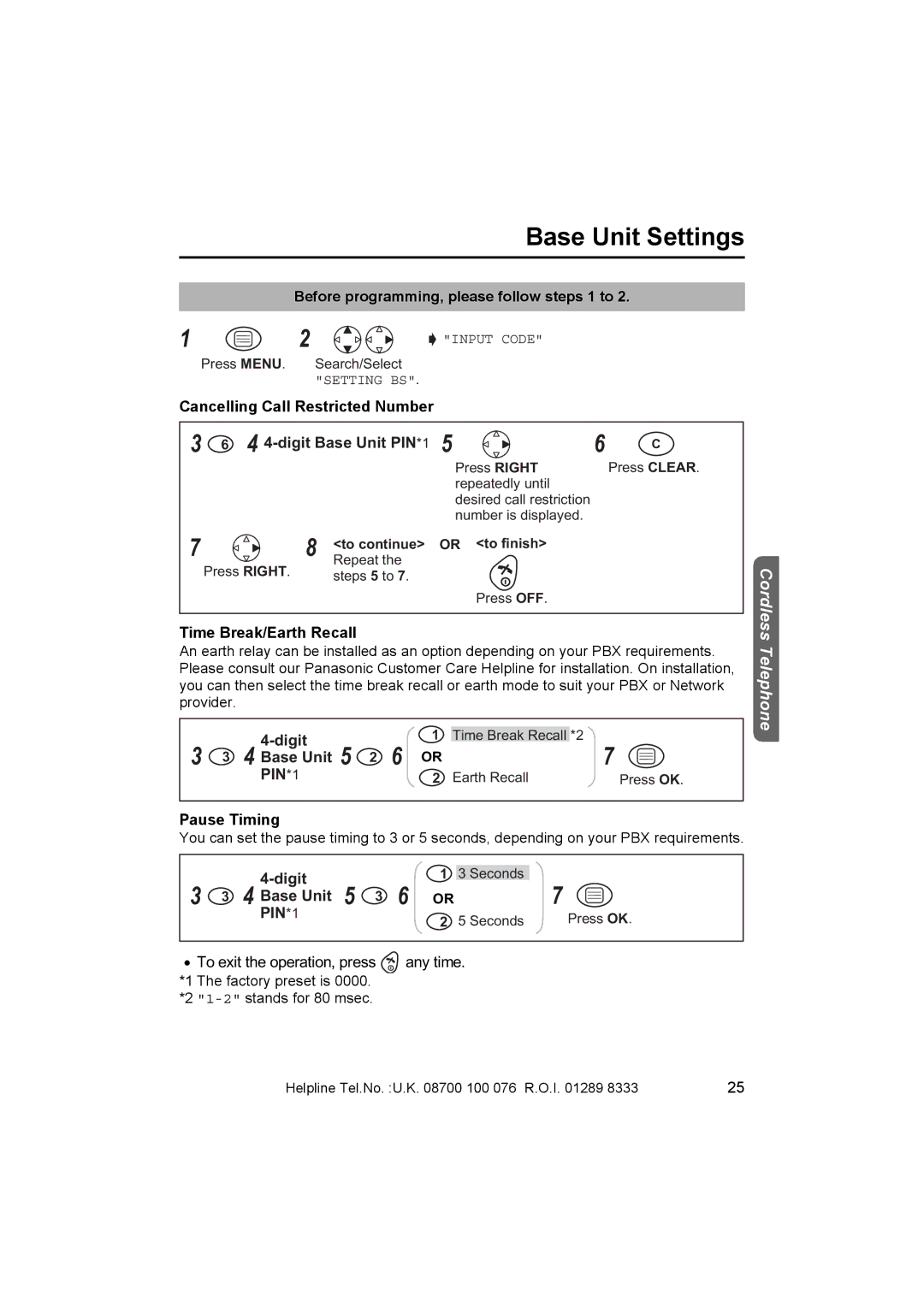 Panasonic KX-TCD410E operating instructions Base Unit Settings 