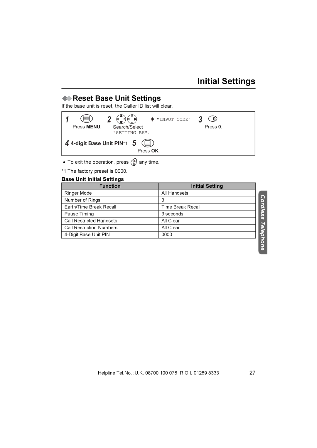 Panasonic KX-TCD410E Reset Base Unit Settings, Digit Base Unit PIN*1, Base Unit Initial Settings Function 