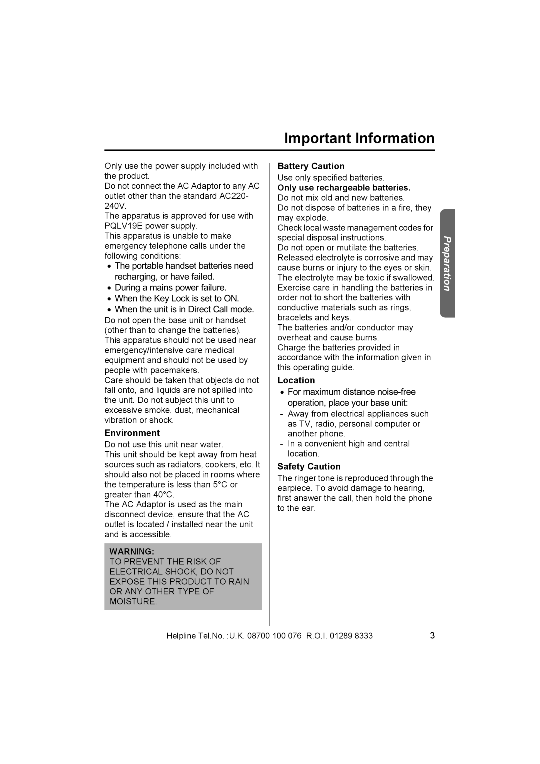 Panasonic KX-TCD410E operating instructions Important Information, Environment, Battery Caution, Location, Safety Caution 